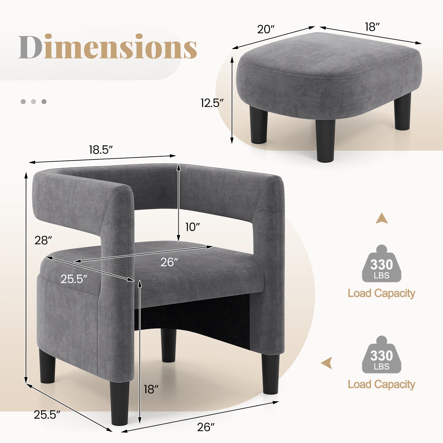 Velvet Accent Chair with Ottoman and Curved Backrest