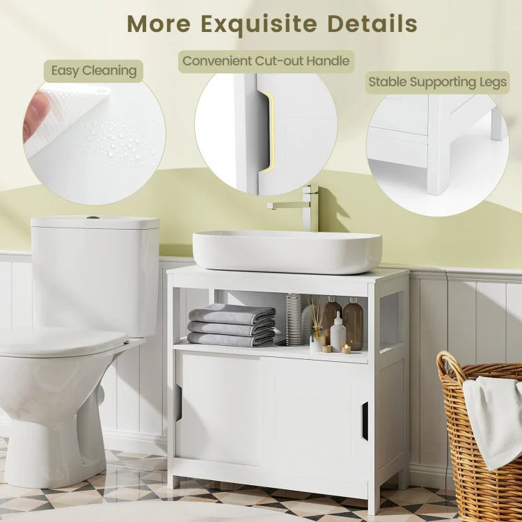 Under Sink Storage Cabinet with Sliding Doors & U-Shaped Cut-Out for Vessel Sinks