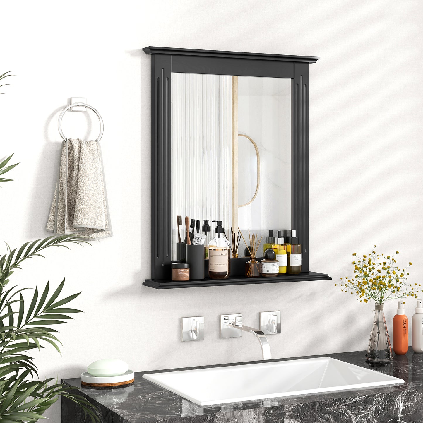 Wall-Mounted Vanity Mirror with Shelf for Storage and Elegant Design - Black