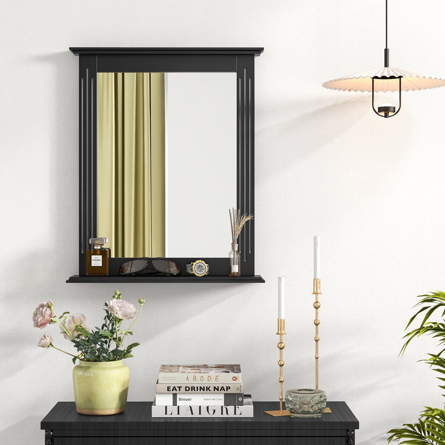 Wall-Mounted Vanity Mirror with Shelf for Storage and Elegant Design - Black