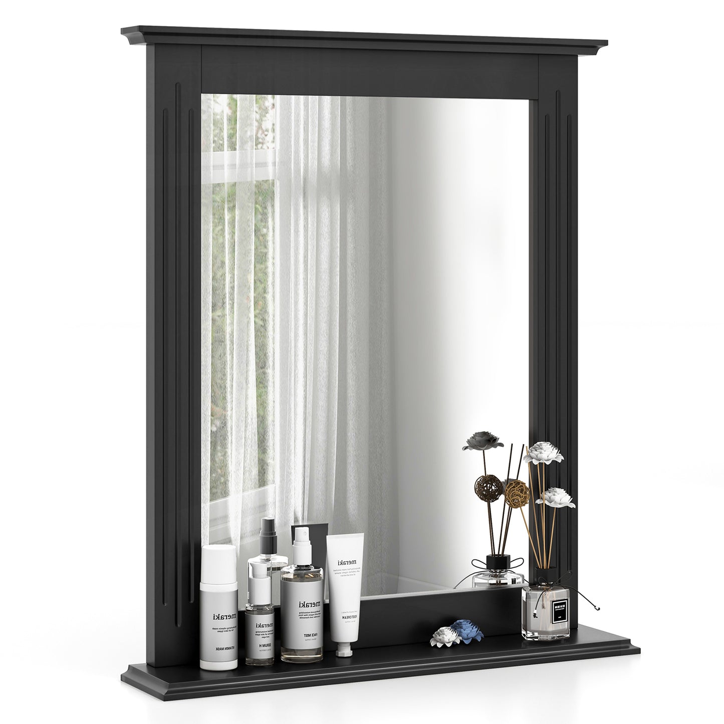 Wall-Mounted Vanity Mirror with Shelf for Storage and Elegant Design - Black