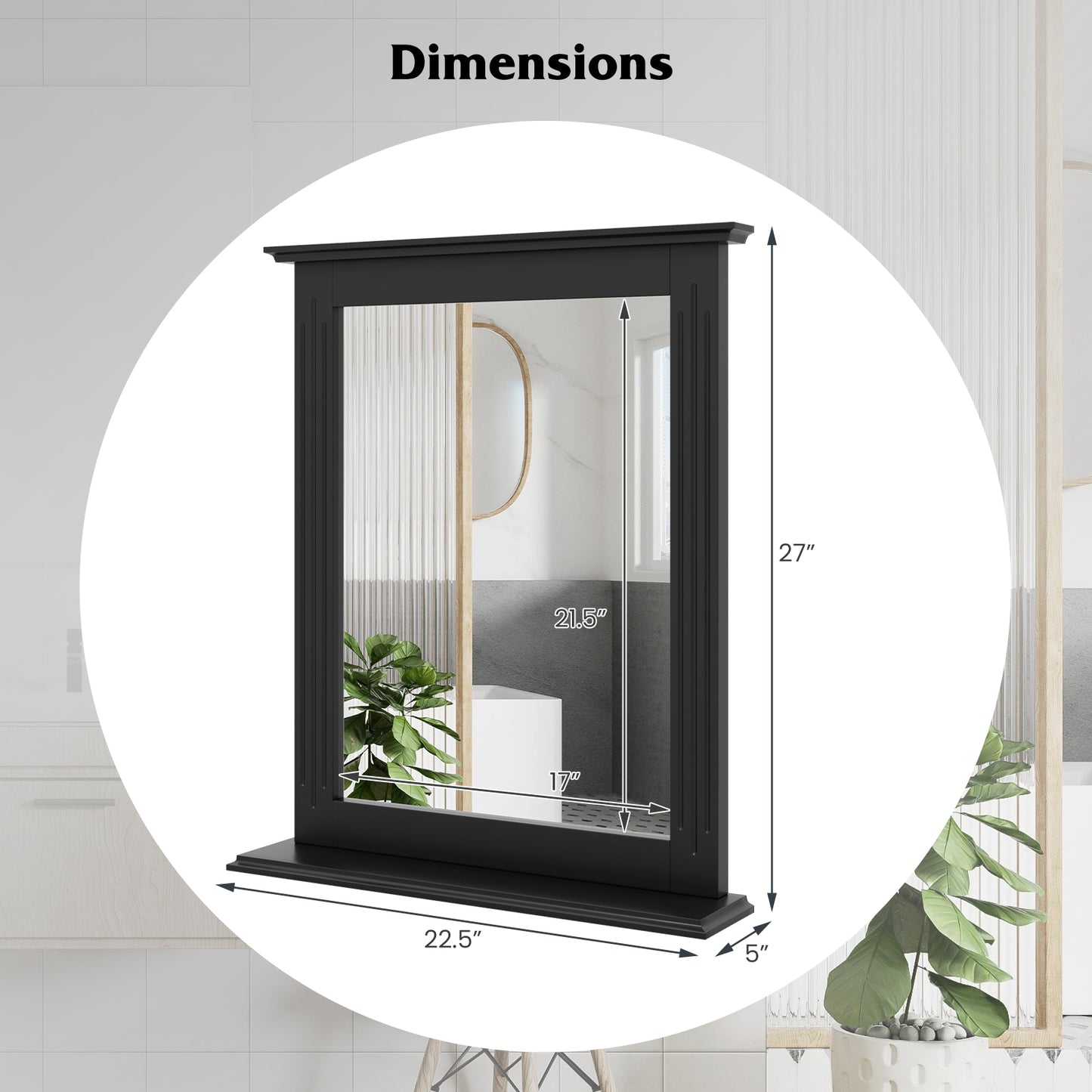 Wall-Mounted Vanity Mirror with Shelf for Storage and Elegant Design - Black