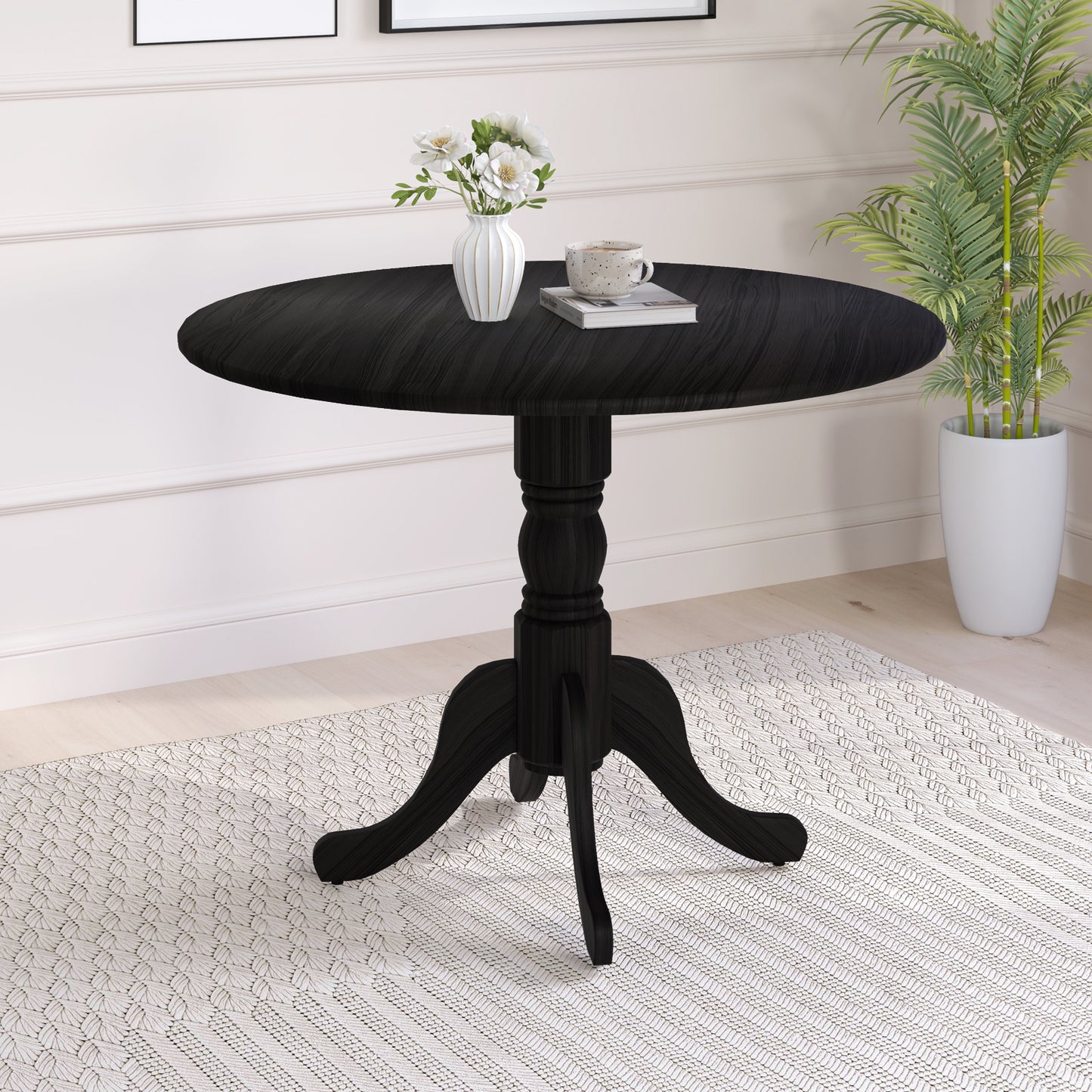 Elegant Round Wooden Dining Table with Curved Trestle Legs in Black Finish
