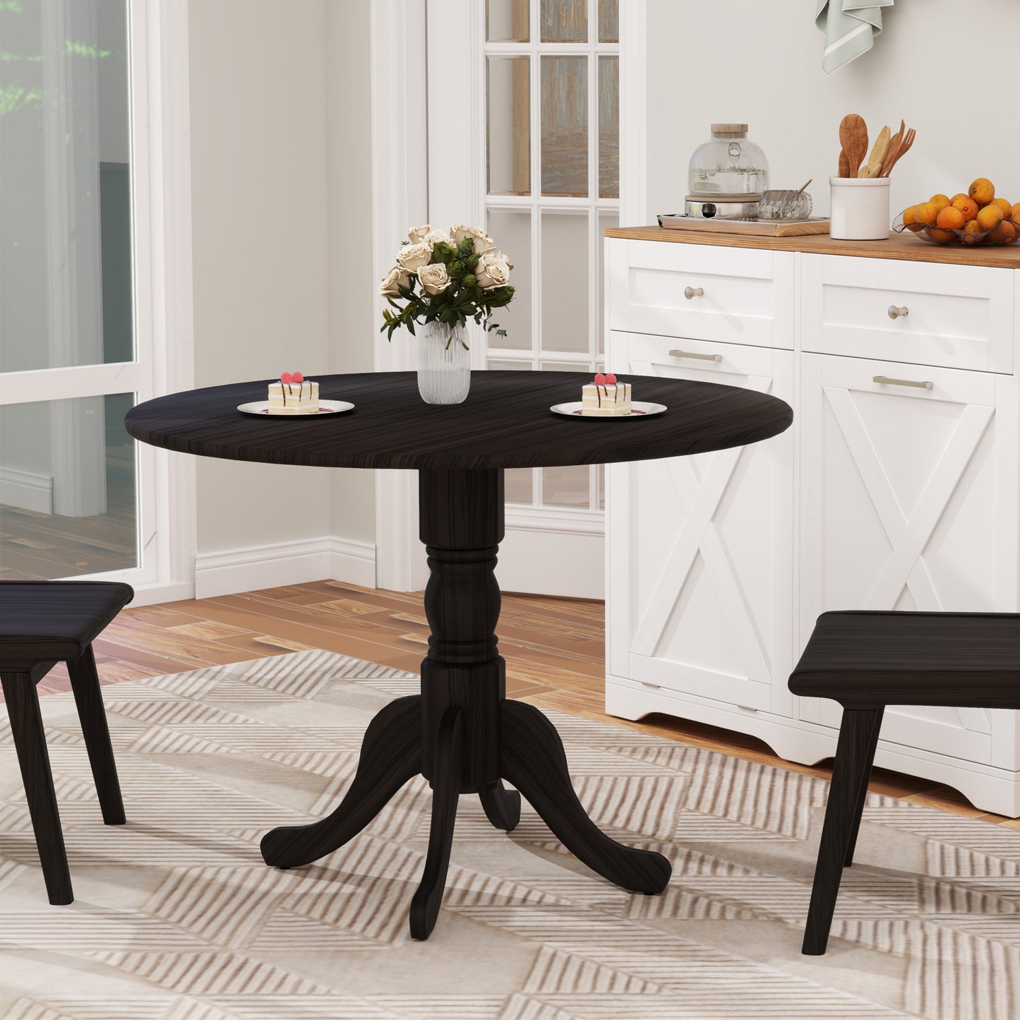 Elegant Round Wooden Dining Table with Curved Trestle Legs in Black Finish