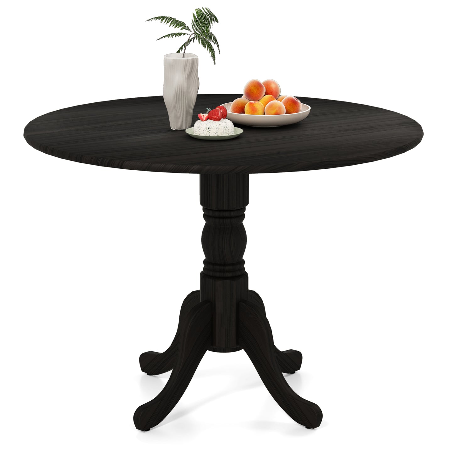 Elegant Round Wooden Dining Table with Curved Trestle Legs in Black Finish