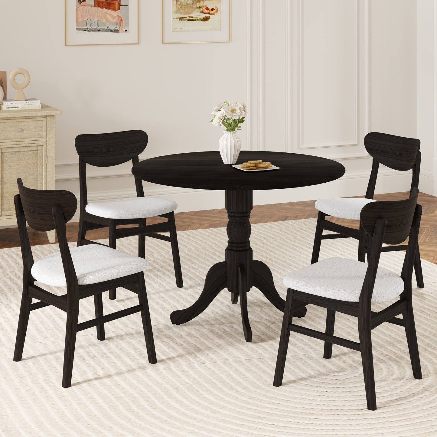 Elegant Round Wooden Dining Table with Curved Trestle Legs in Black Finish
