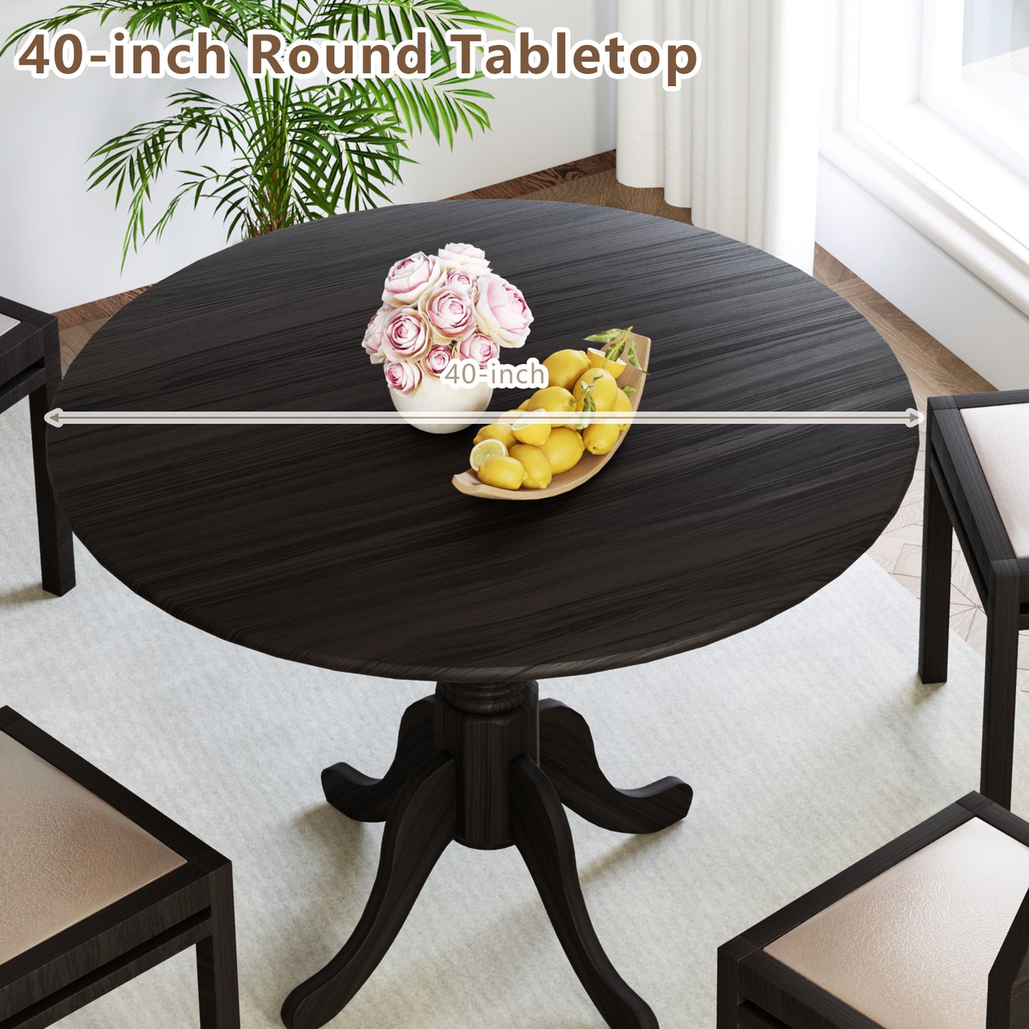 Elegant Round Wooden Dining Table with Curved Trestle Legs in Black Finish