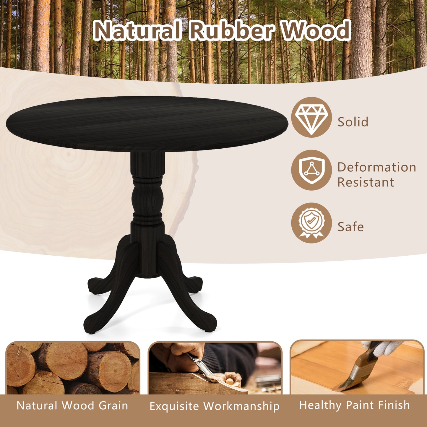 Elegant Round Wooden Dining Table with Curved Trestle Legs in Black Finish