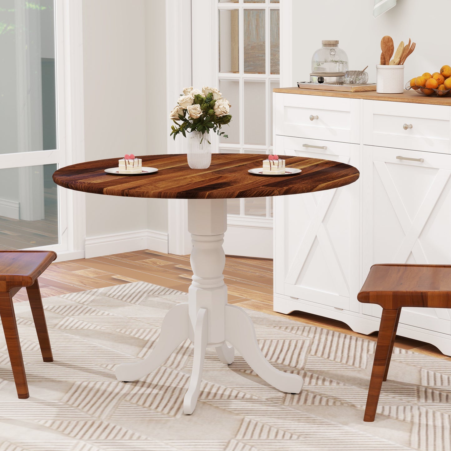 Elegant Round Wooden Dining Table with Curved Trestle Legs in Walnut & White Finish