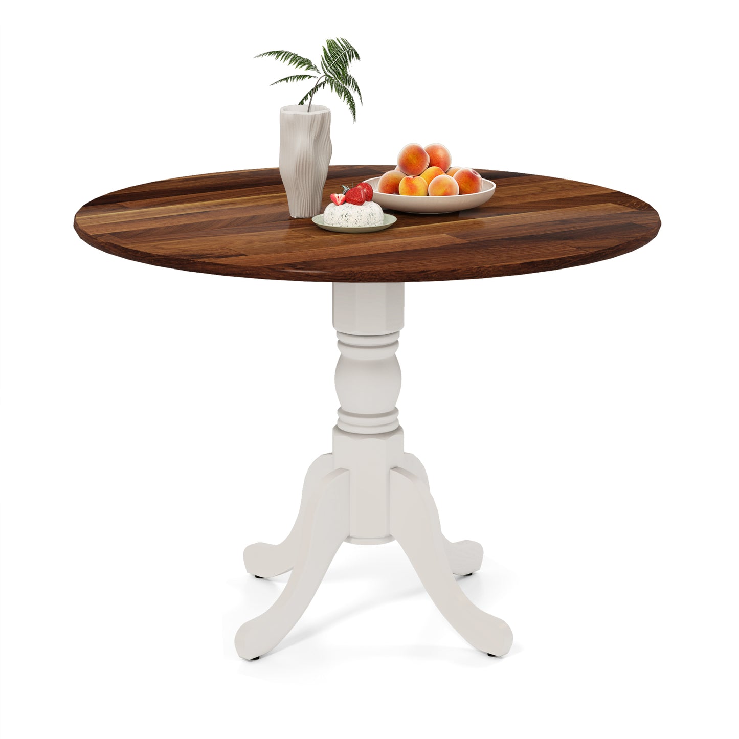 Elegant Round Wooden Dining Table with Curved Trestle Legs in Walnut & White Finish