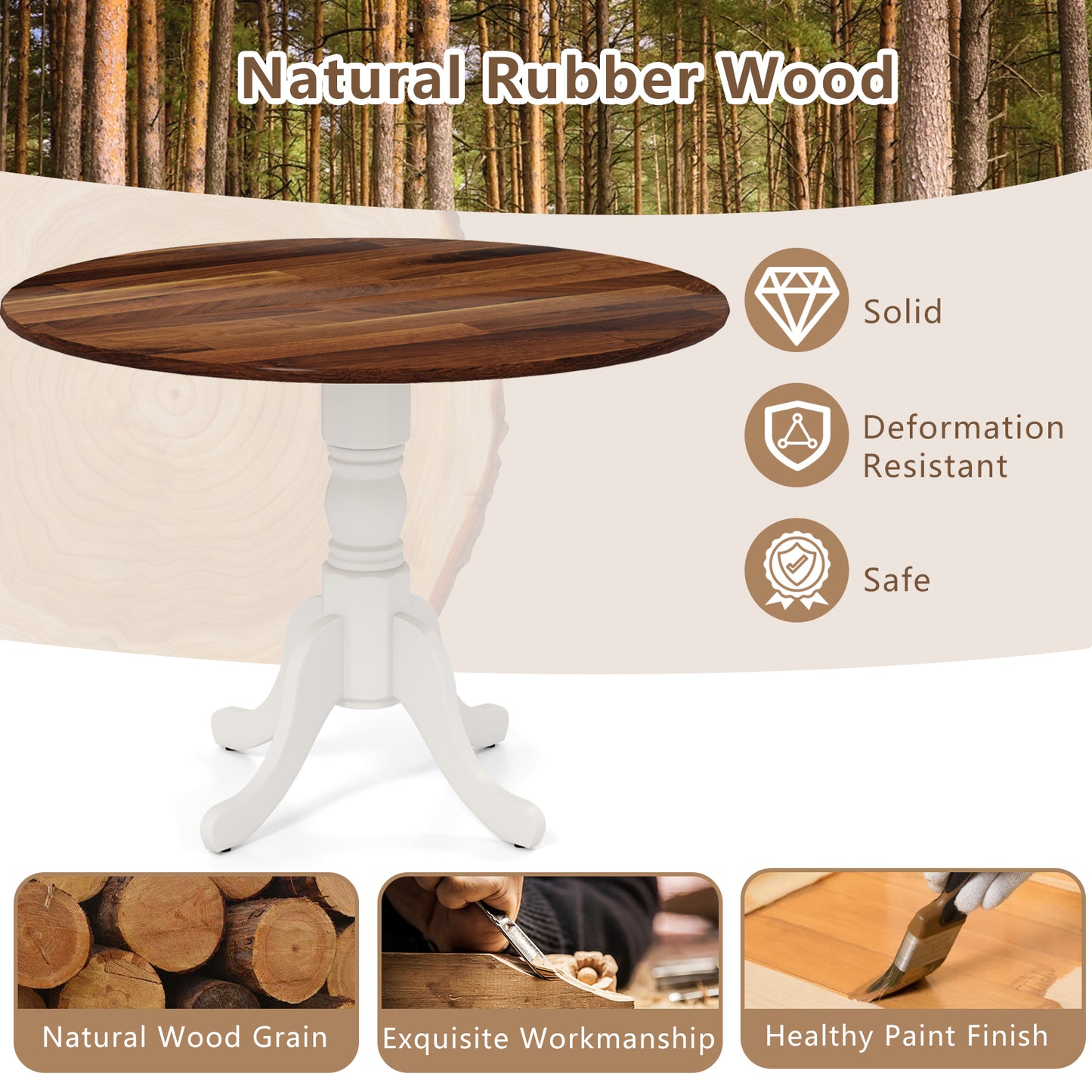 Elegant Round Wooden Dining Table with Curved Trestle Legs in Walnut & White Finish
