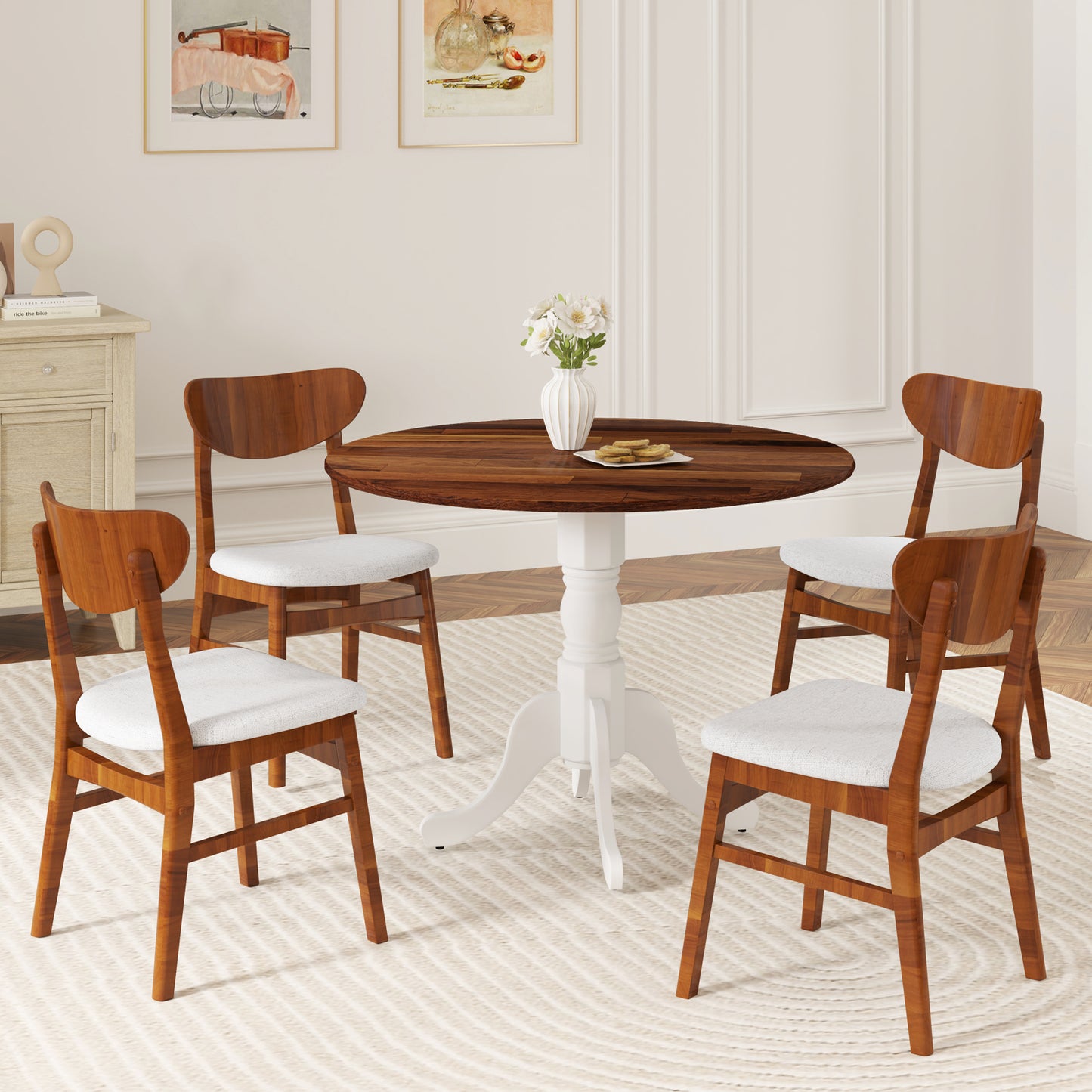 Elegant Round Wooden Dining Table with Curved Trestle Legs in Walnut & White Finish