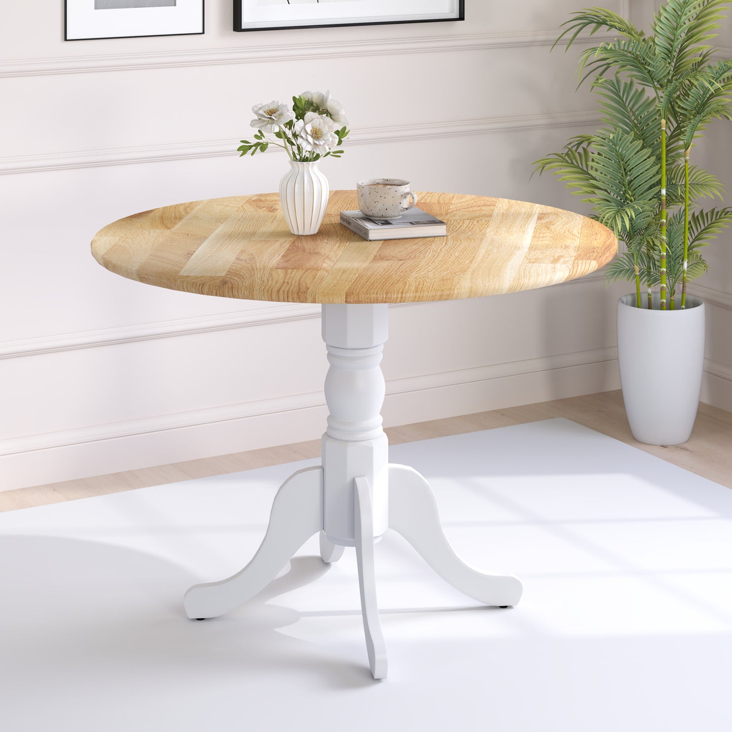 Elegant Round Wooden Dining Table with Curved Trestle Legs in Natural & White Finish