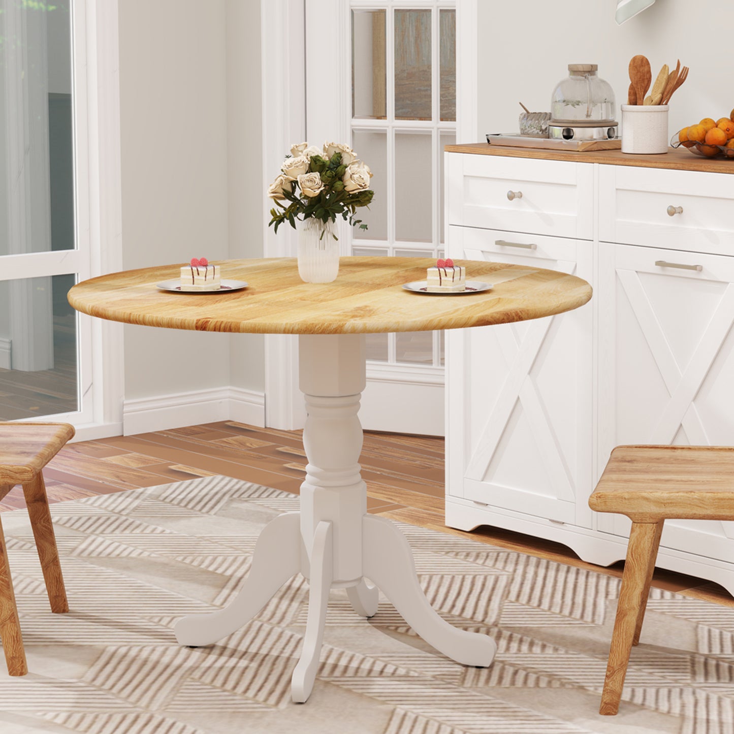 Elegant Round Wooden Dining Table with Curved Trestle Legs in Natural & White Finish
