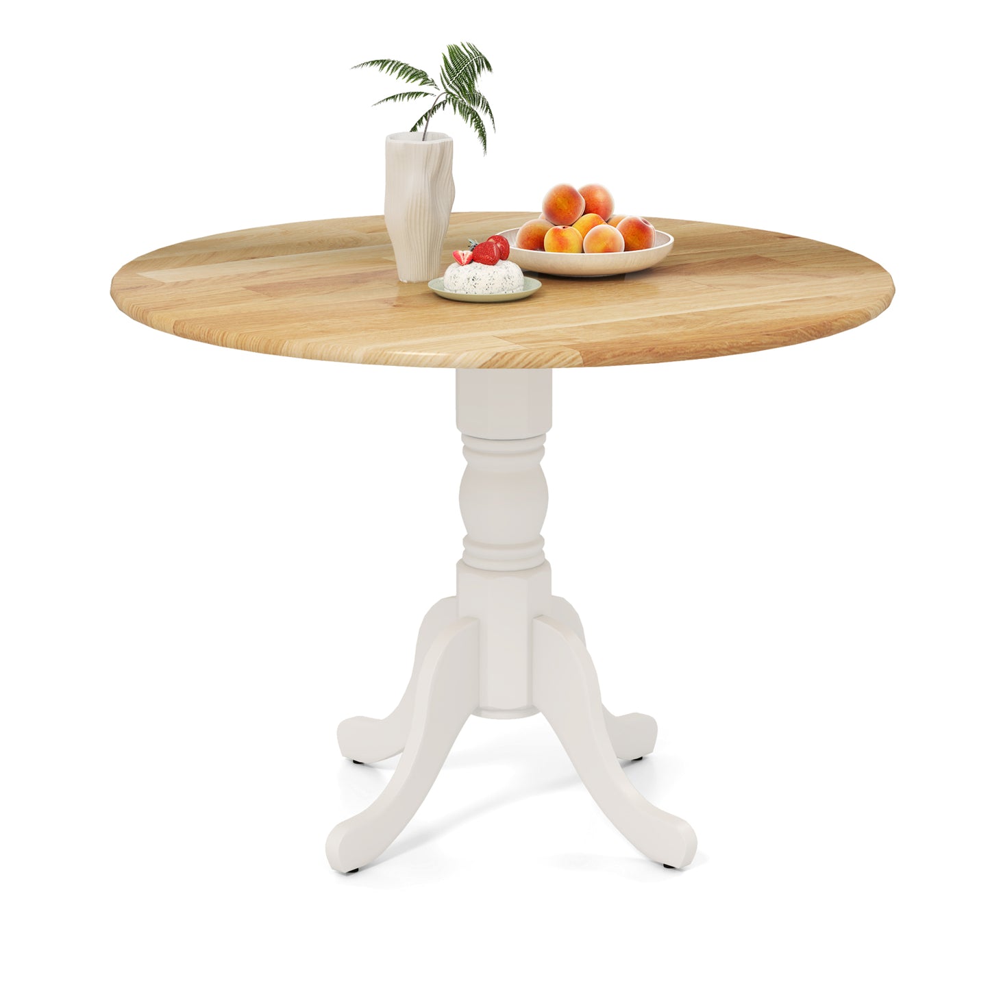 Elegant Round Wooden Dining Table with Curved Trestle Legs in Natural & White Finish