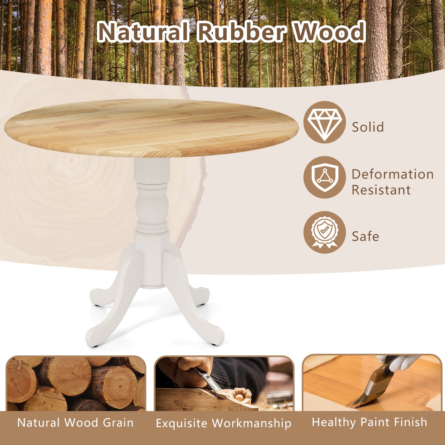 Elegant Round Wooden Dining Table with Curved Trestle Legs in Natural & White Finish