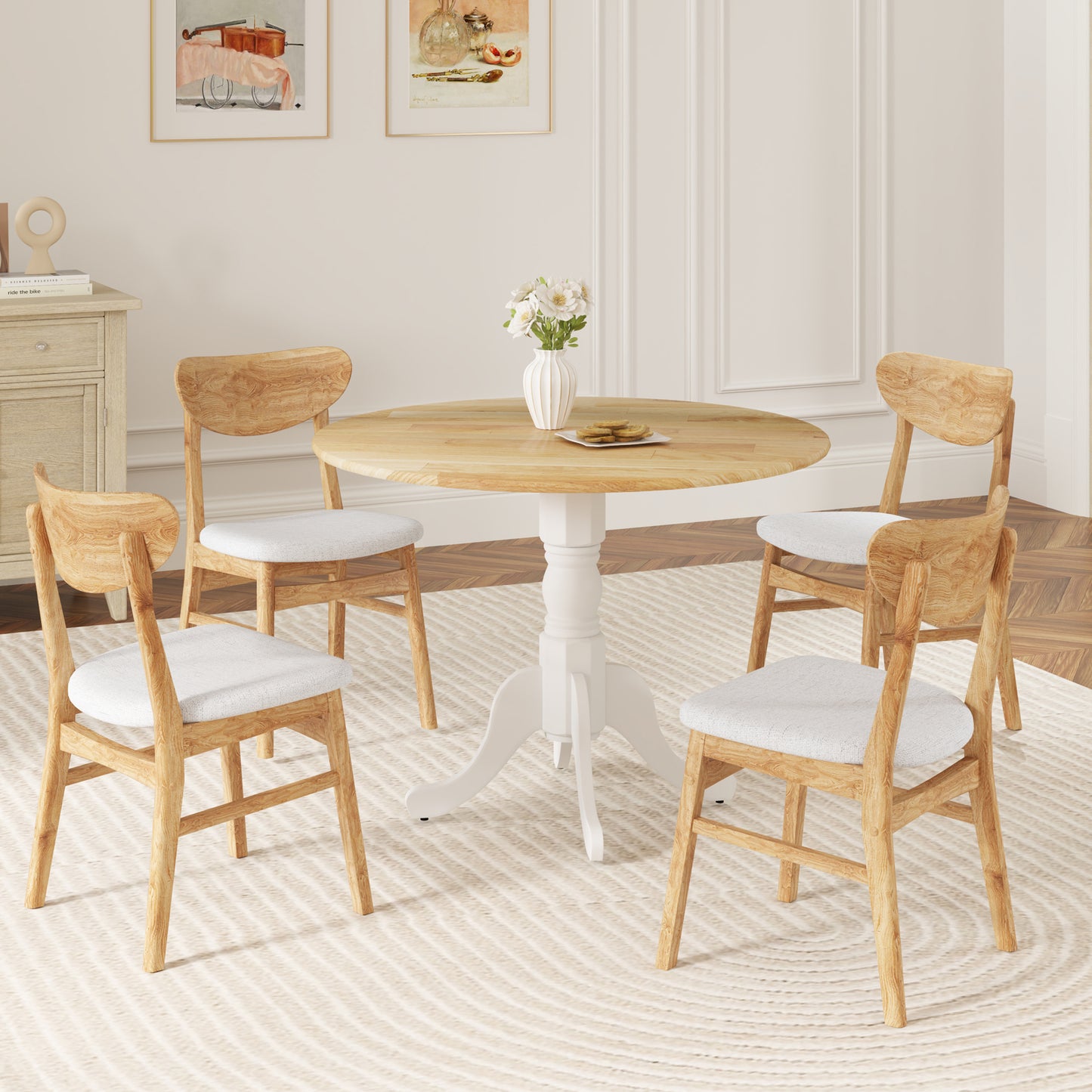 Elegant Round Wooden Dining Table with Curved Trestle Legs in Natural & White Finish