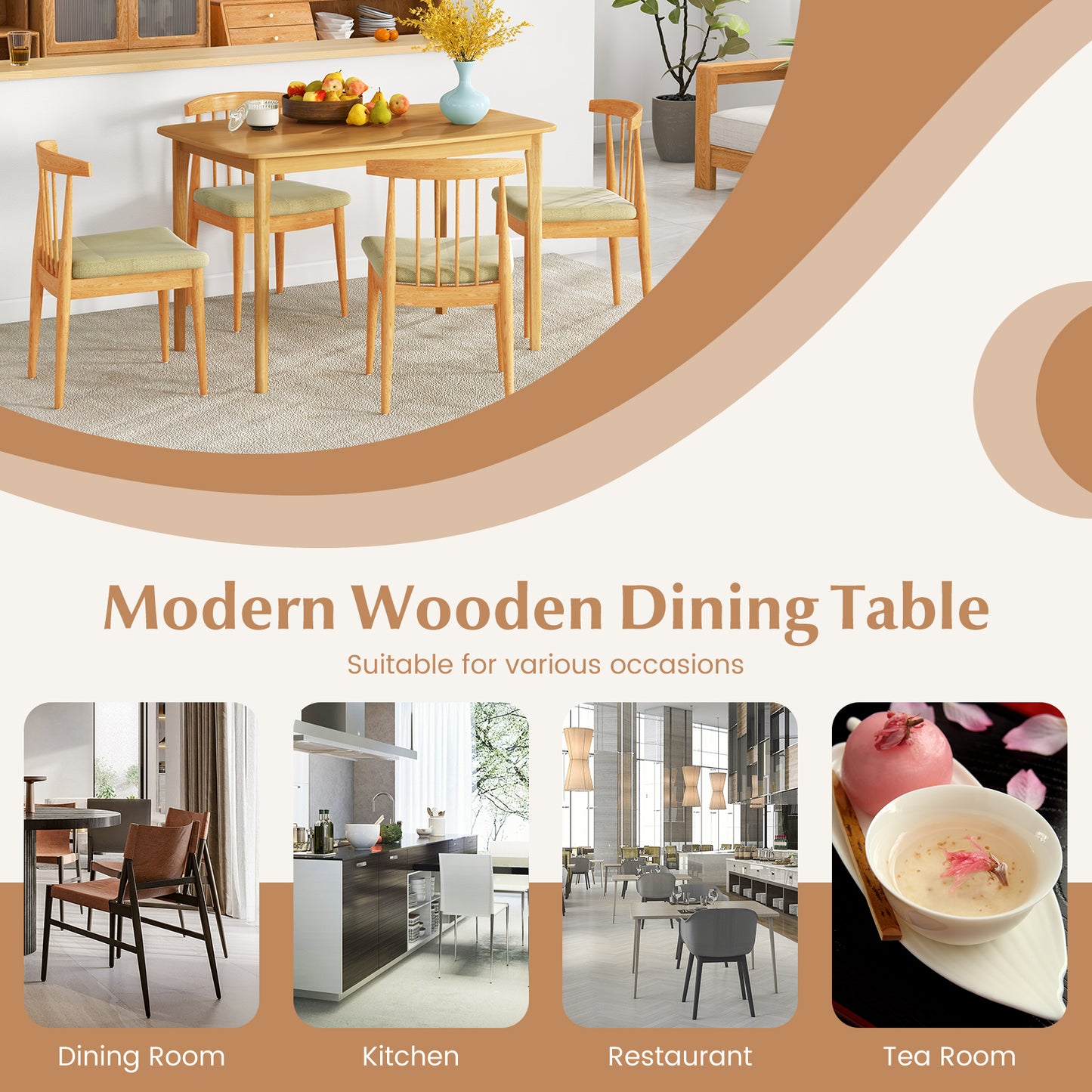 Classic 48 Inch Rectangular Dining Table with Solid Wood Legs and Smooth Finish - Natural
