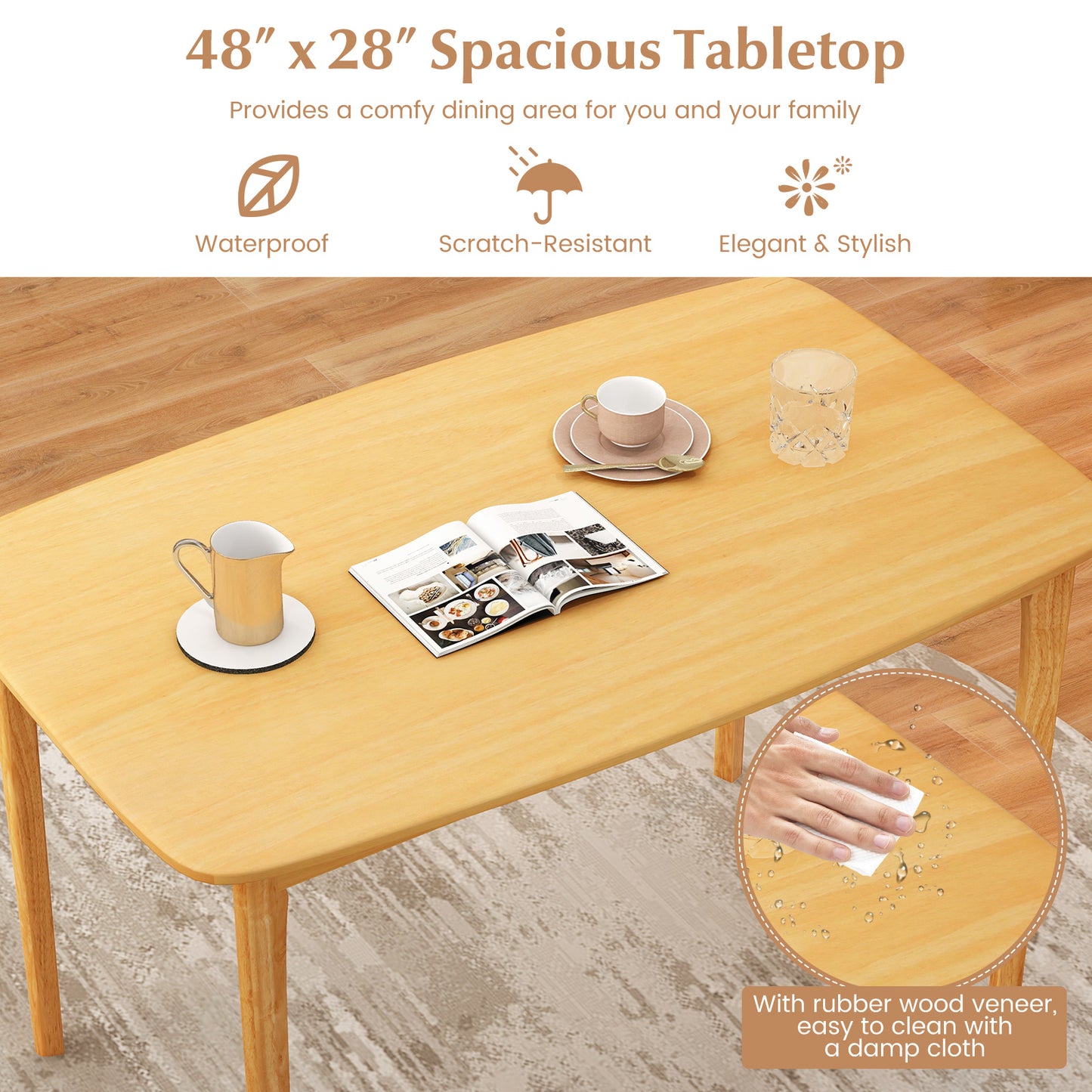 Classic 48 Inch Rectangular Dining Table with Solid Wood Legs and Smooth Finish - Natural