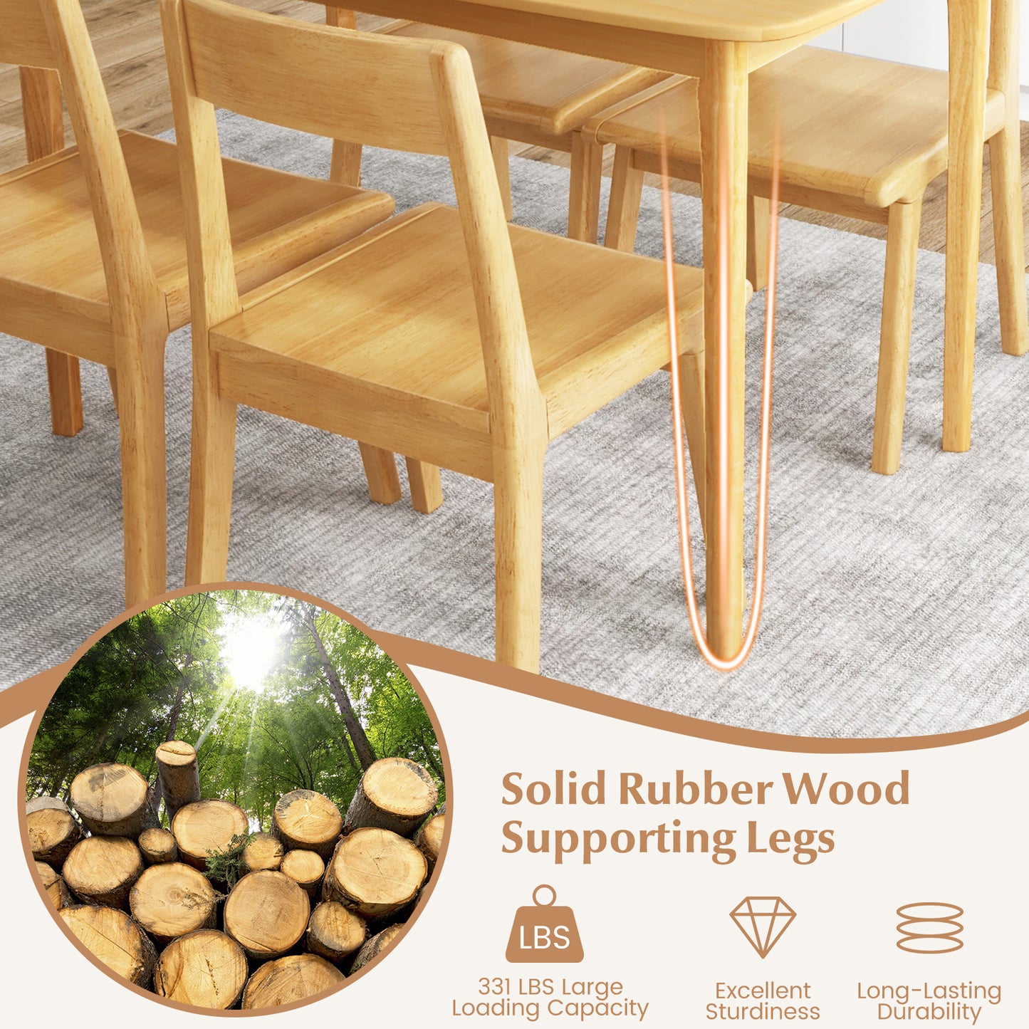 Classic 48 Inch Rectangular Dining Table with Solid Wood Legs and Smooth Finish - Natural