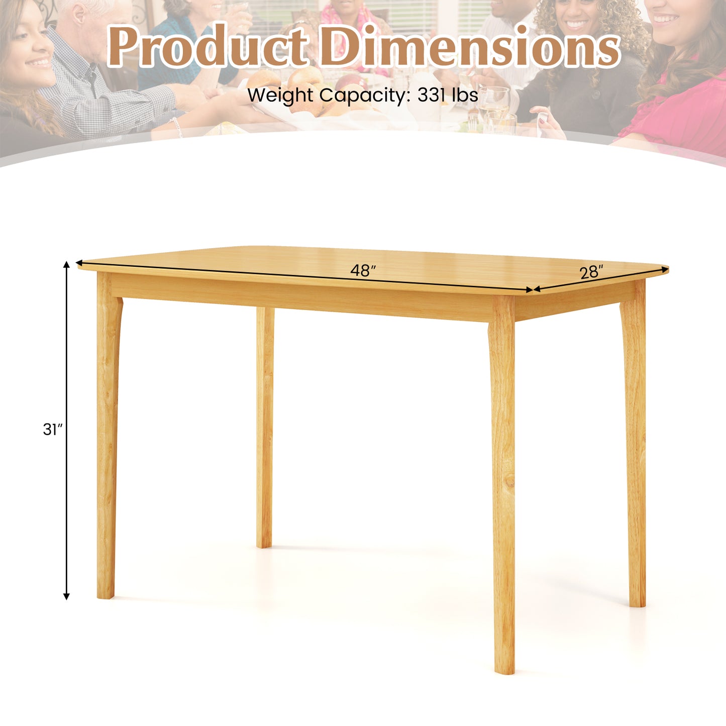 Classic 48 Inch Rectangular Dining Table with Solid Wood Legs and Smooth Finish - Natural