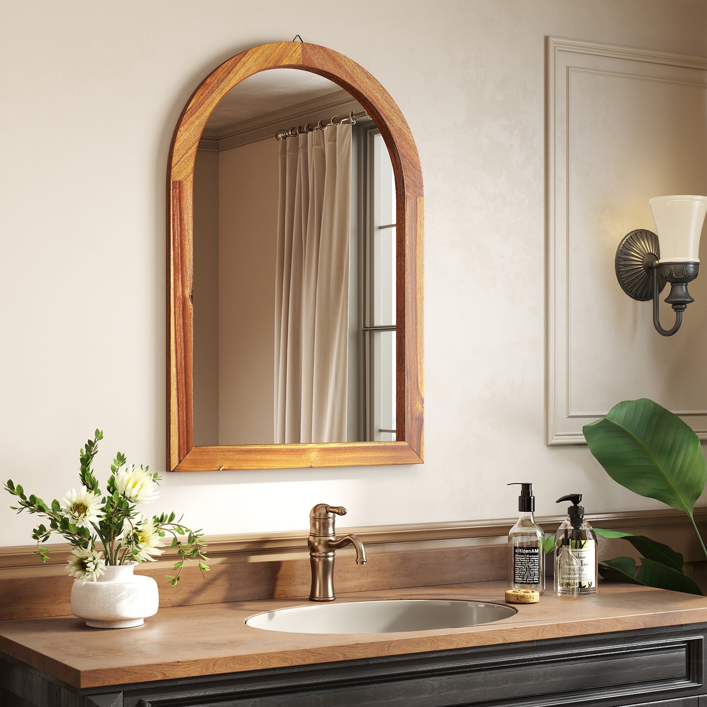 24 x 35 Inch Arched Wall Mirror with Rustic Solid Acacia Wood Frame