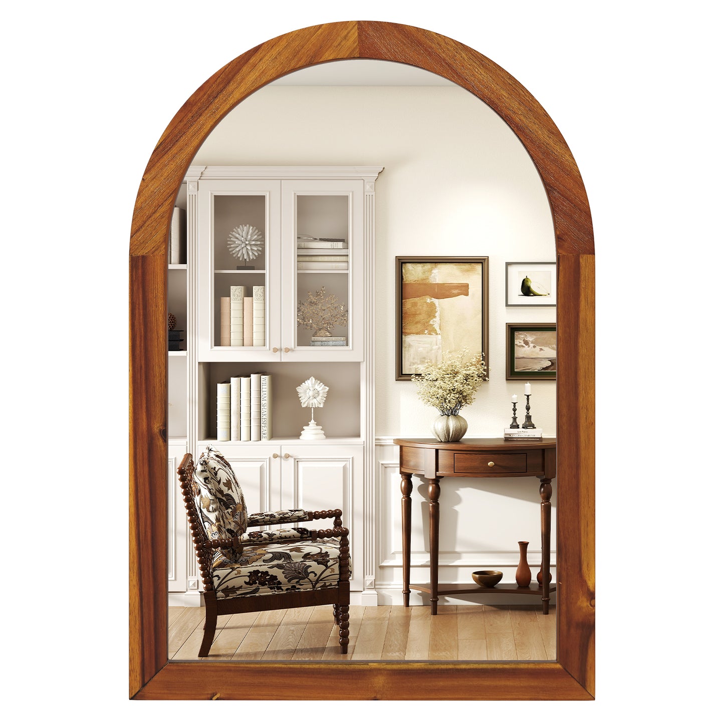 24 x 35 Inch Arched Wall Mirror with Rustic Solid Acacia Wood Frame