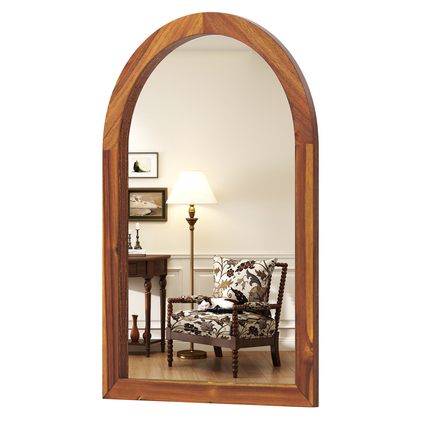 24 x 35 Inch Arched Wall Mirror with Rustic Solid Acacia Wood Frame