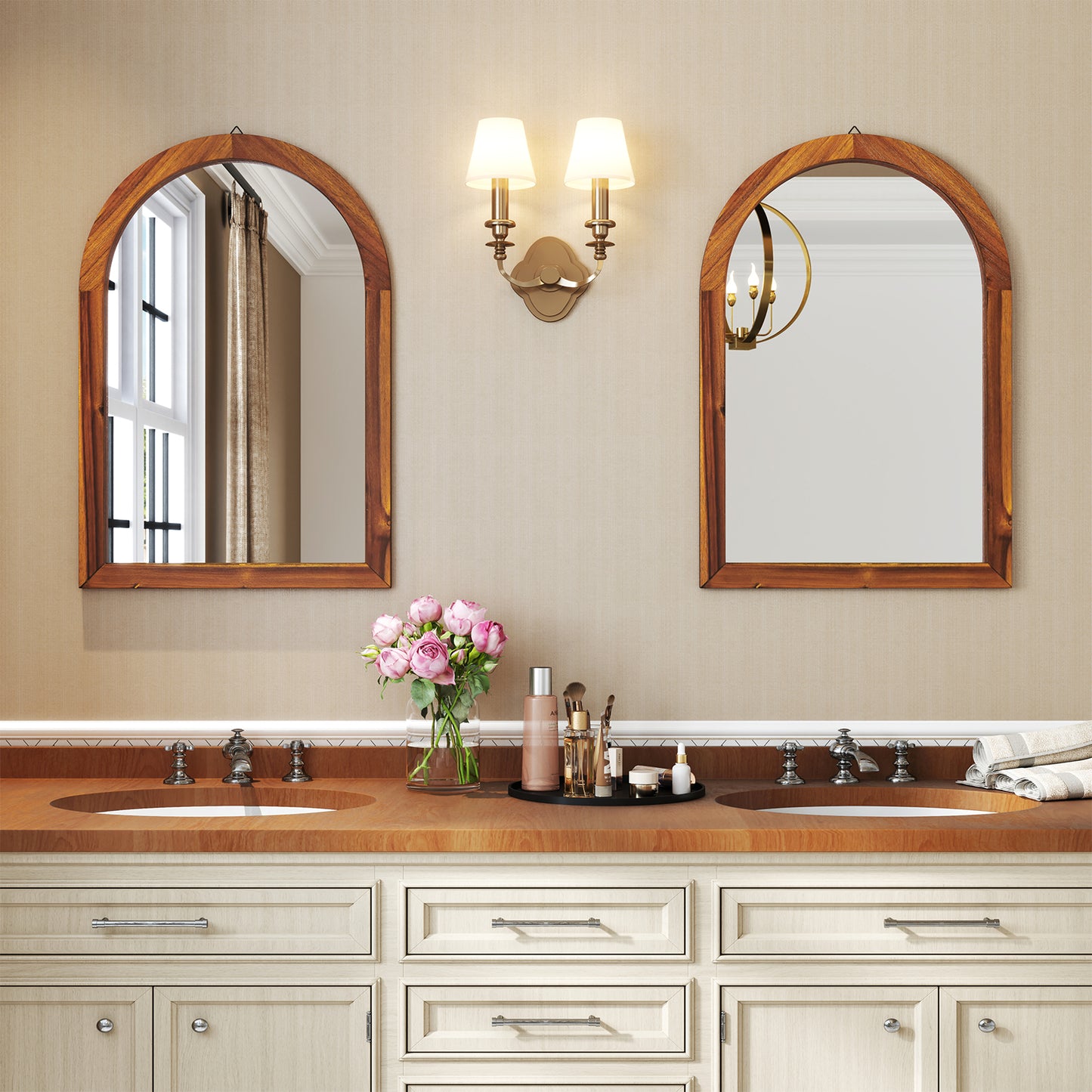 24 x 35 Inch Arched Wall Mirror with Rustic Solid Acacia Wood Frame