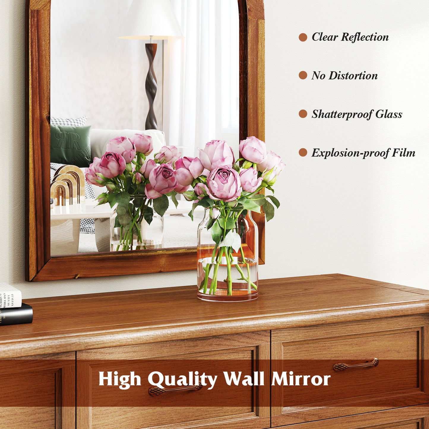 24 x 35 Inch Arched Wall Mirror with Rustic Solid Acacia Wood Frame