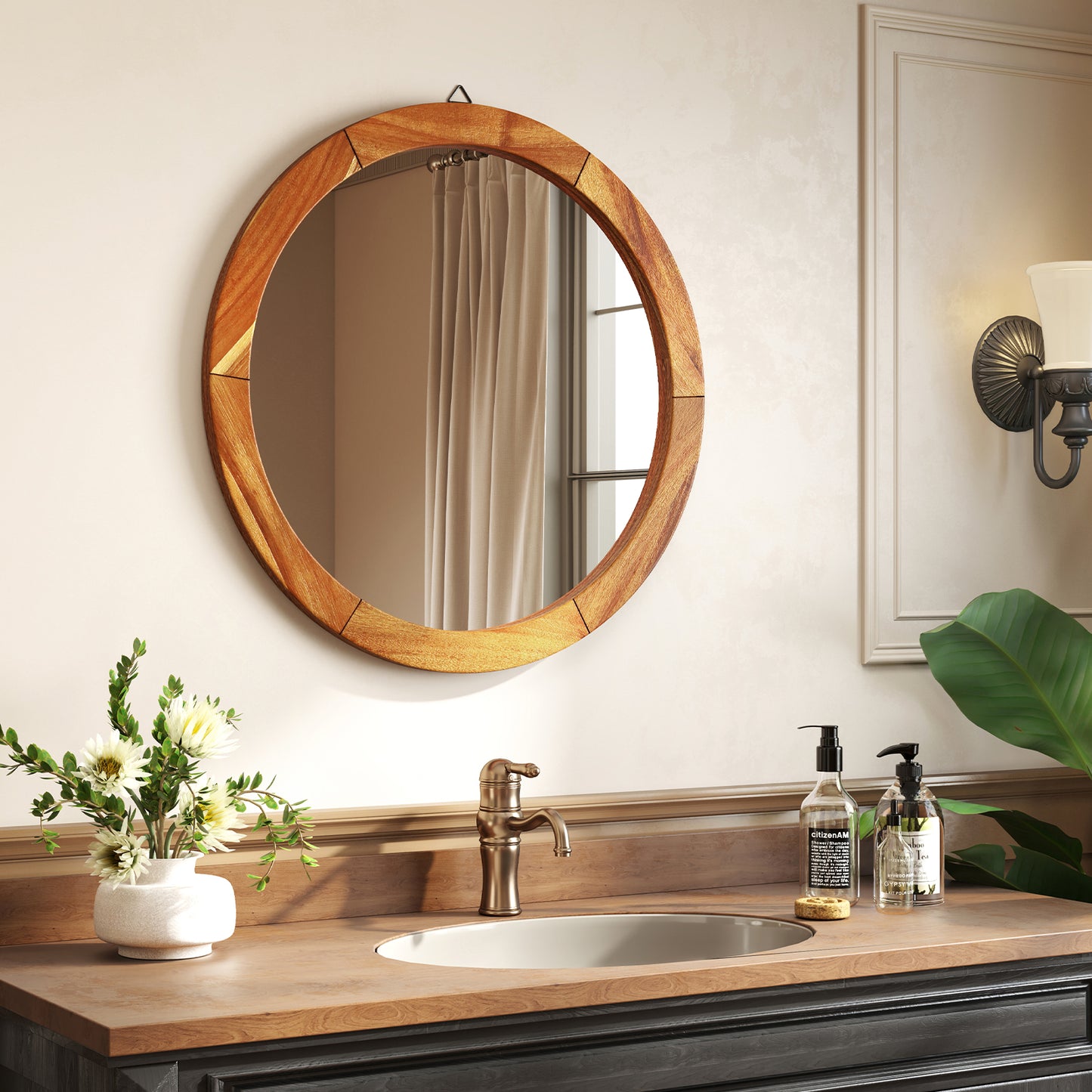 27 Inch Round Rustic Wall Mirror with Solid Acacia Wood Frame