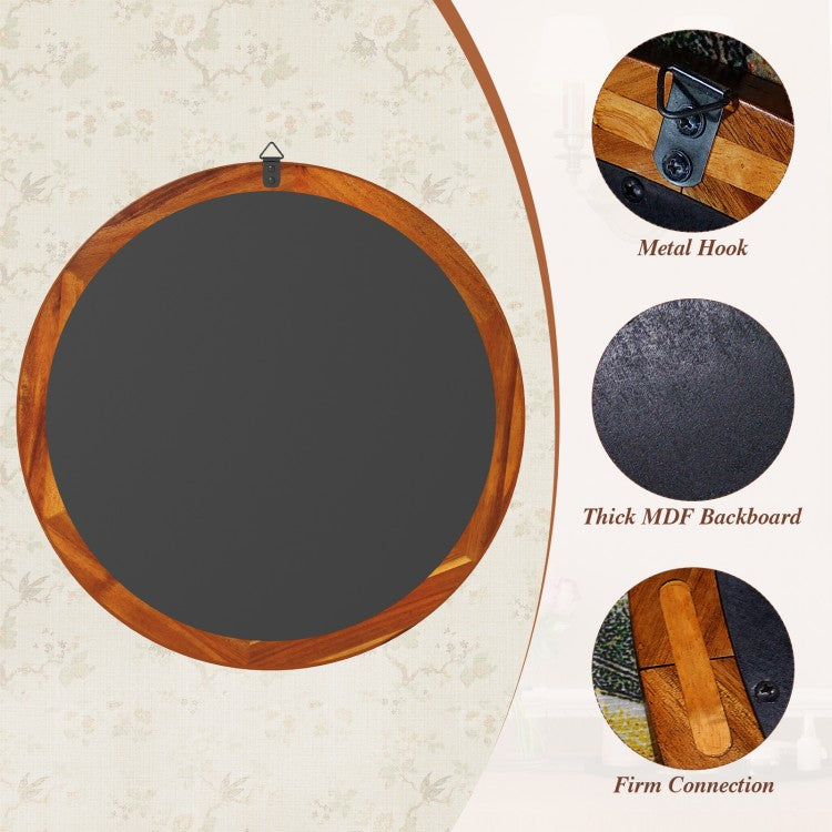 27 Inch Round Rustic Wall Mirror with Solid Acacia Wood Frame
