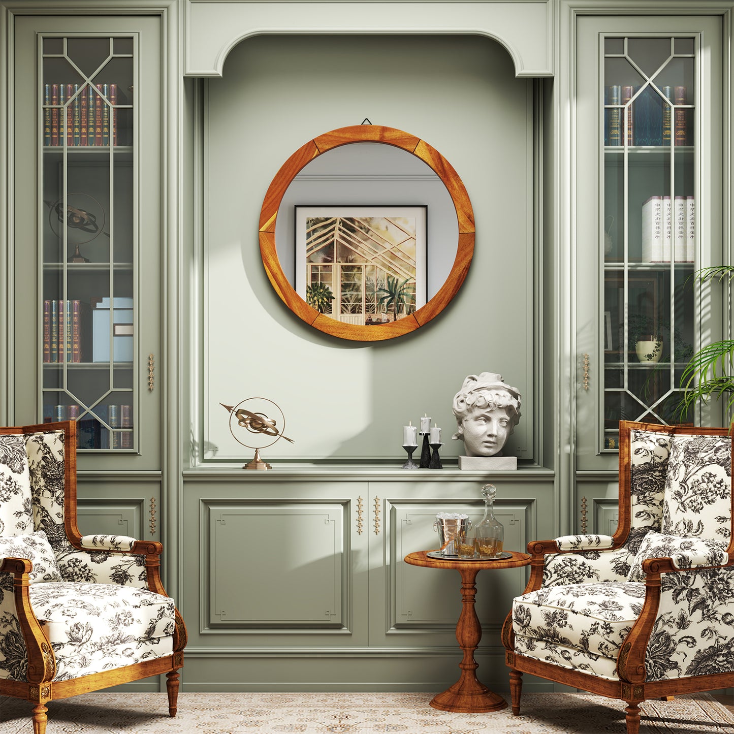 27 Inch Round Rustic Wall Mirror with Solid Acacia Wood Frame