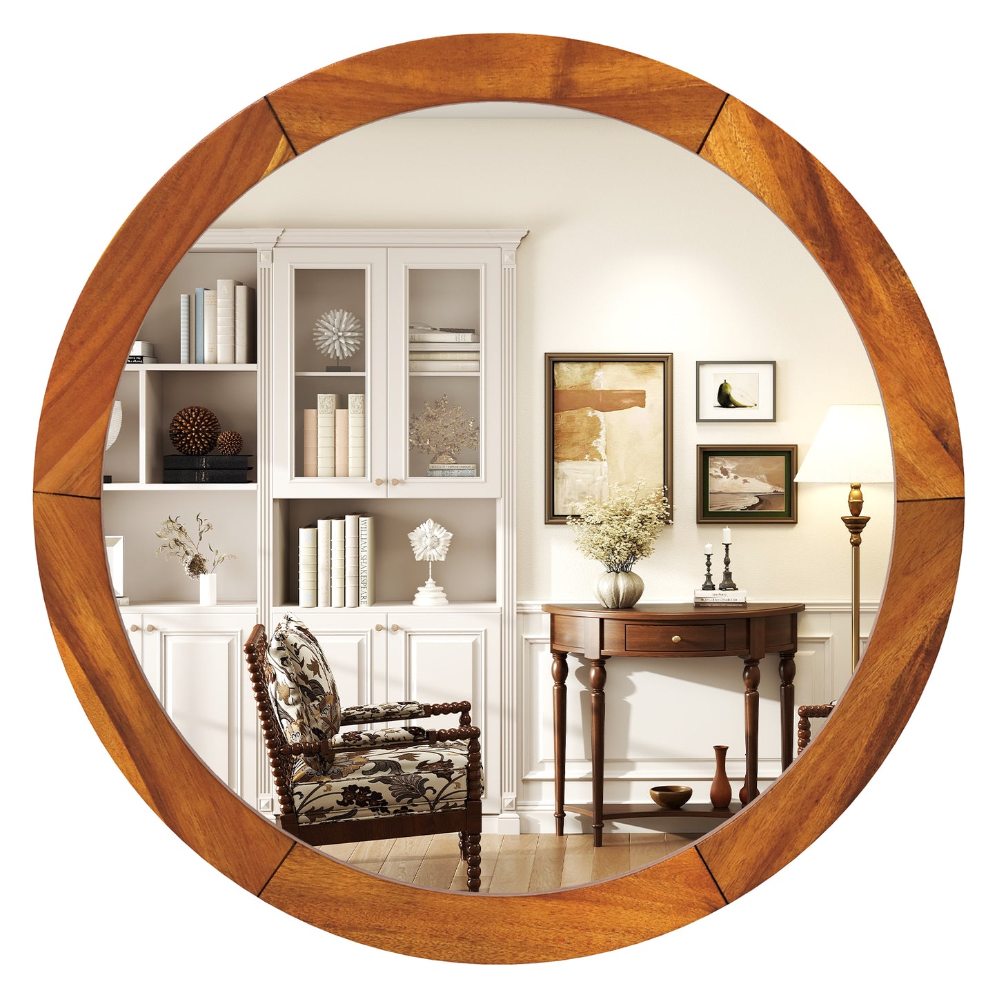 27 Inch Round Rustic Wall Mirror with Solid Acacia Wood Frame