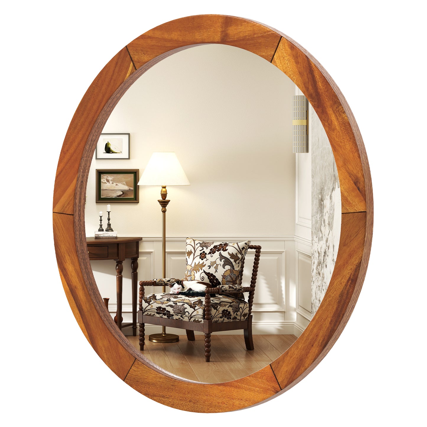 27 Inch Round Rustic Wall Mirror with Solid Acacia Wood Frame