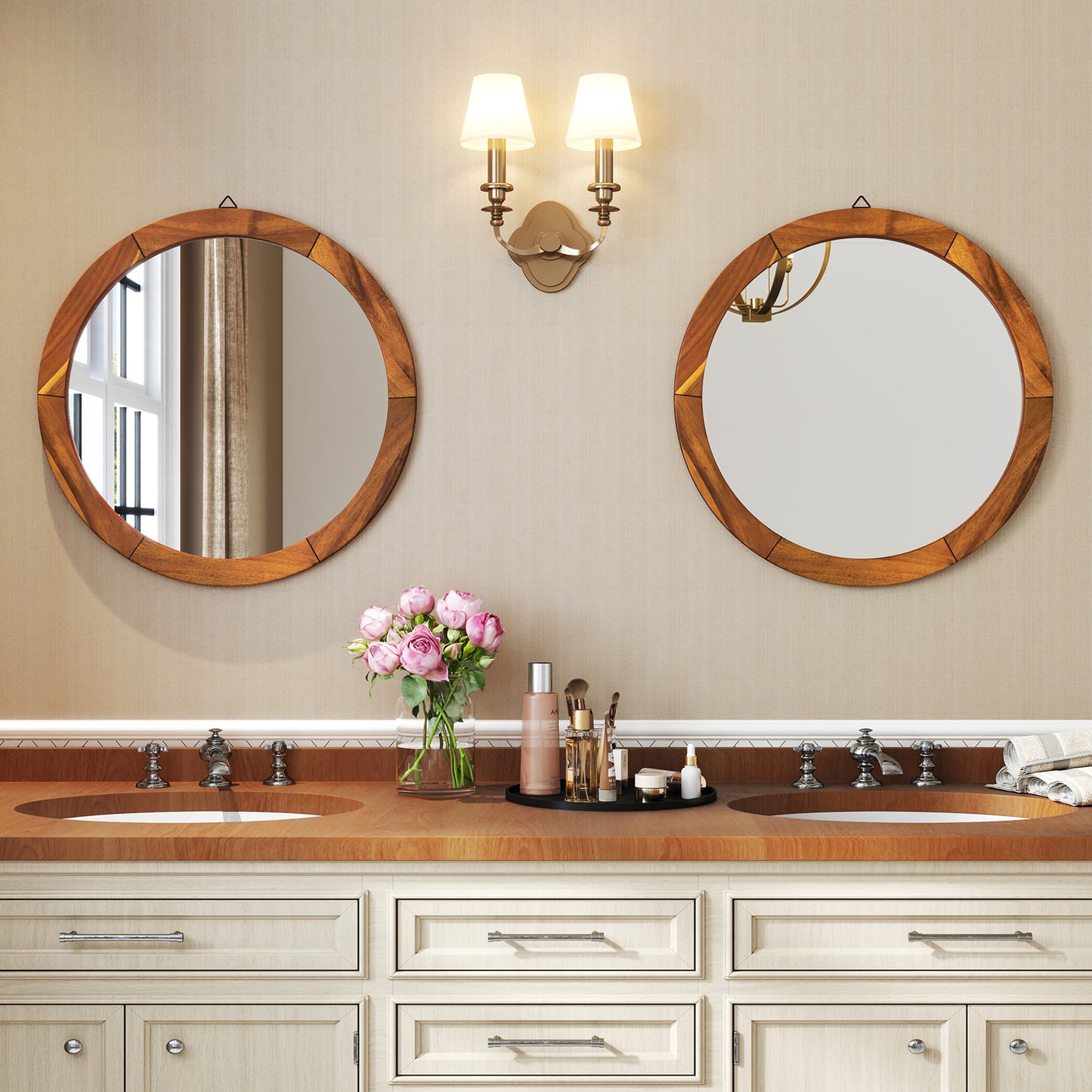 27 Inch Round Rustic Wall Mirror with Solid Acacia Wood Frame
