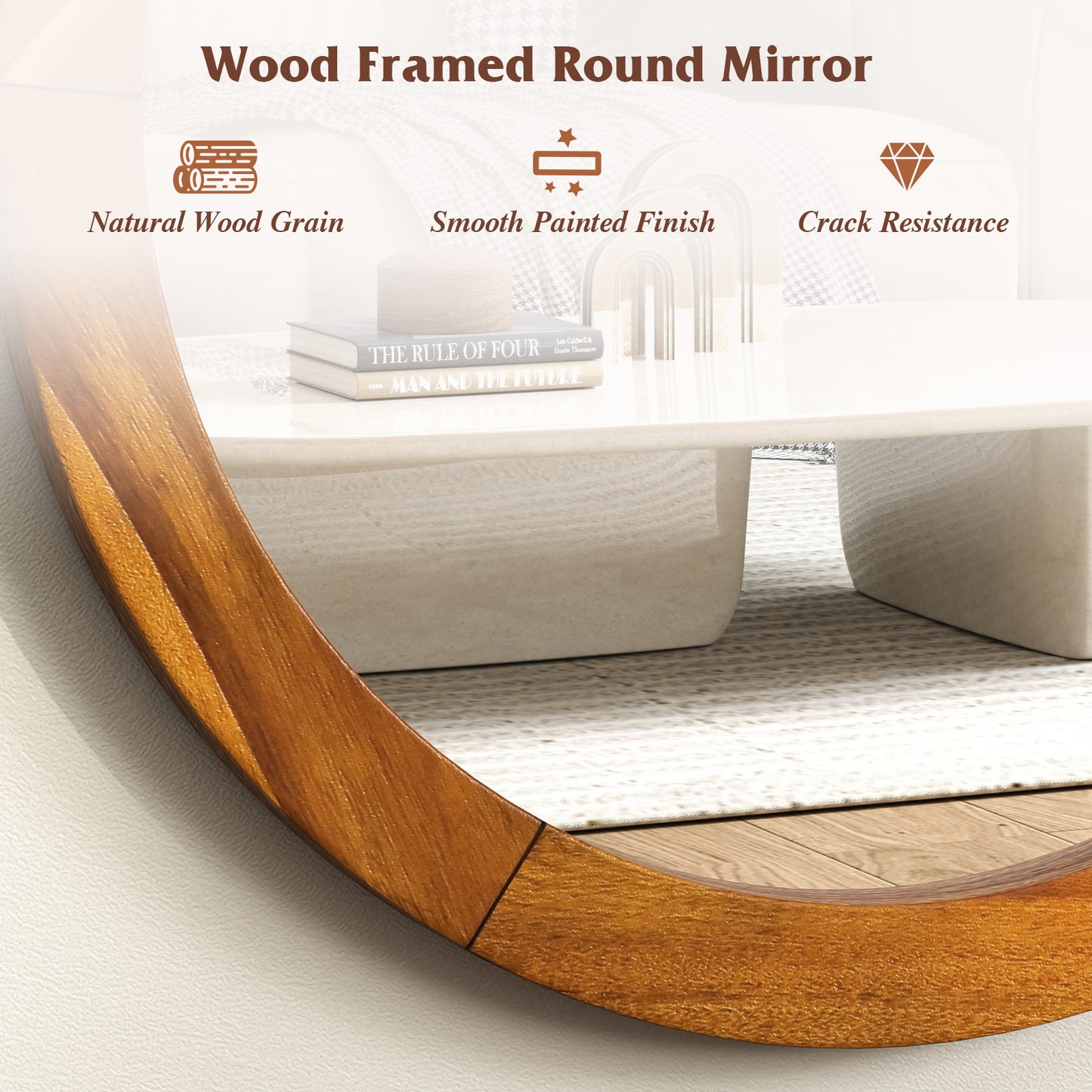 27 Inch Round Rustic Wall Mirror with Solid Acacia Wood Frame