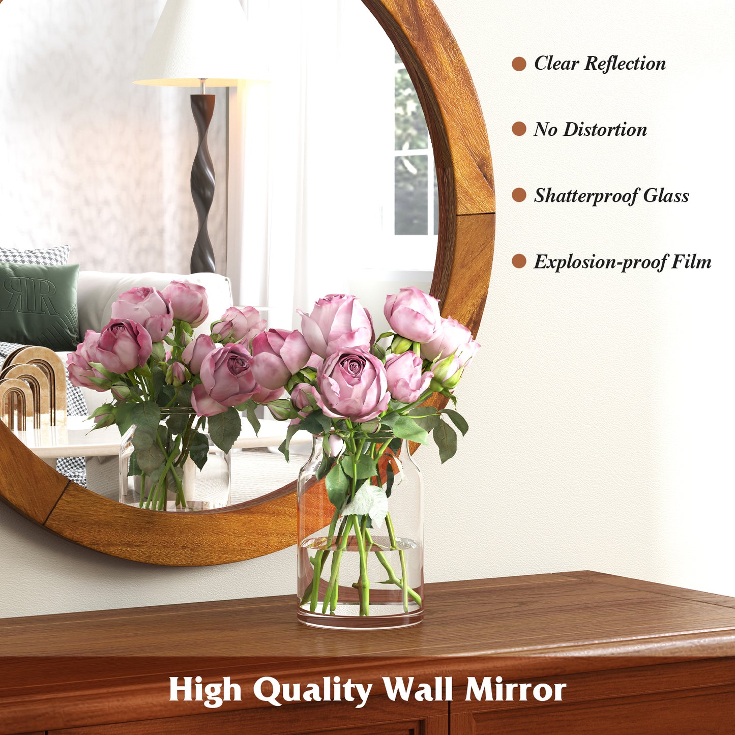 27 Inch Round Rustic Wall Mirror with Solid Acacia Wood Frame