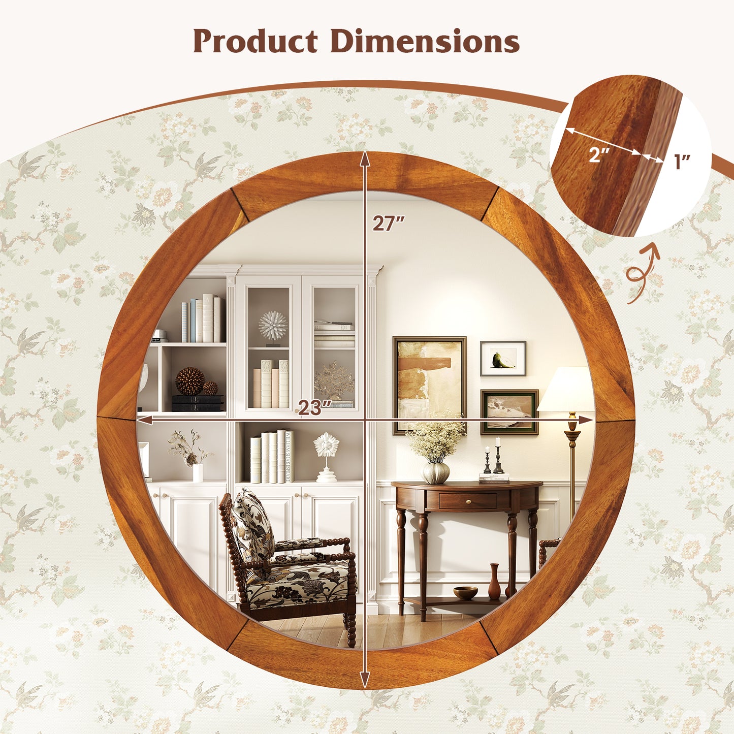 27 Inch Round Rustic Wall Mirror with Solid Acacia Wood Frame