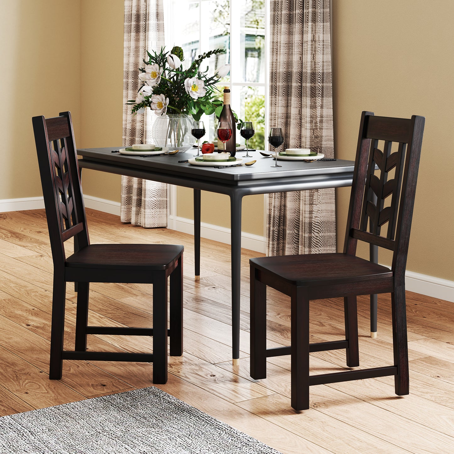 Wooden Dining Chairs with High Backrest and Rubber Wood Frame – Brown, Set of 2