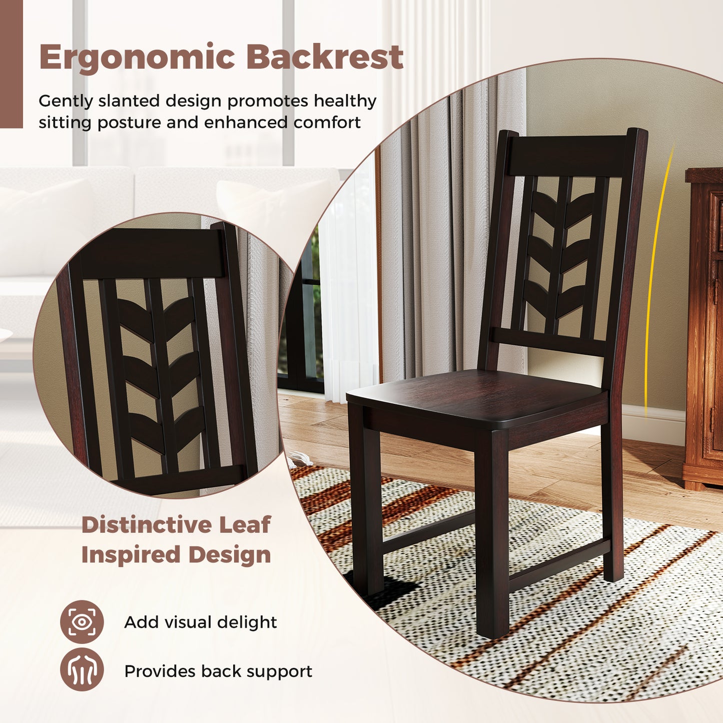 Wooden Dining Chairs with High Backrest and Rubber Wood Frame – Brown, Set of 2
