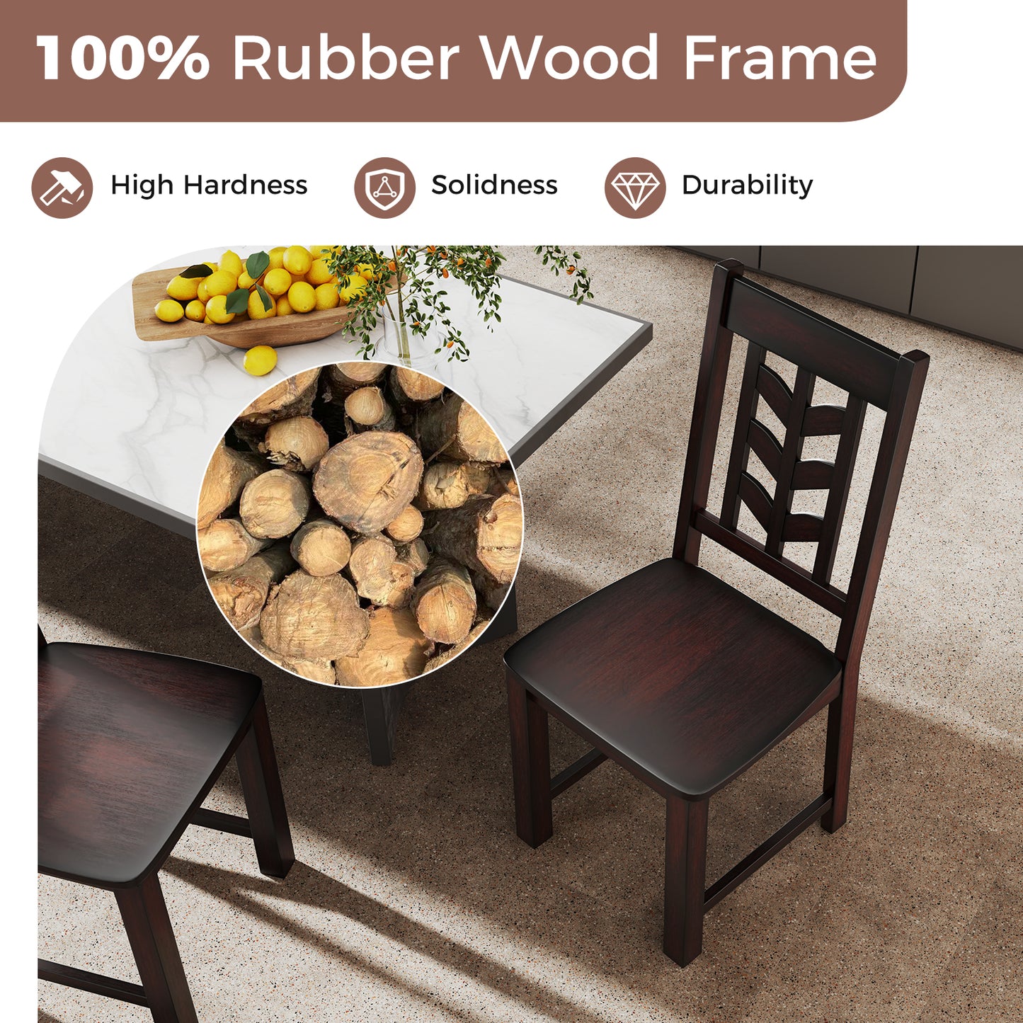 Wooden Dining Chairs with High Backrest and Rubber Wood Frame – Brown, Set of 2
