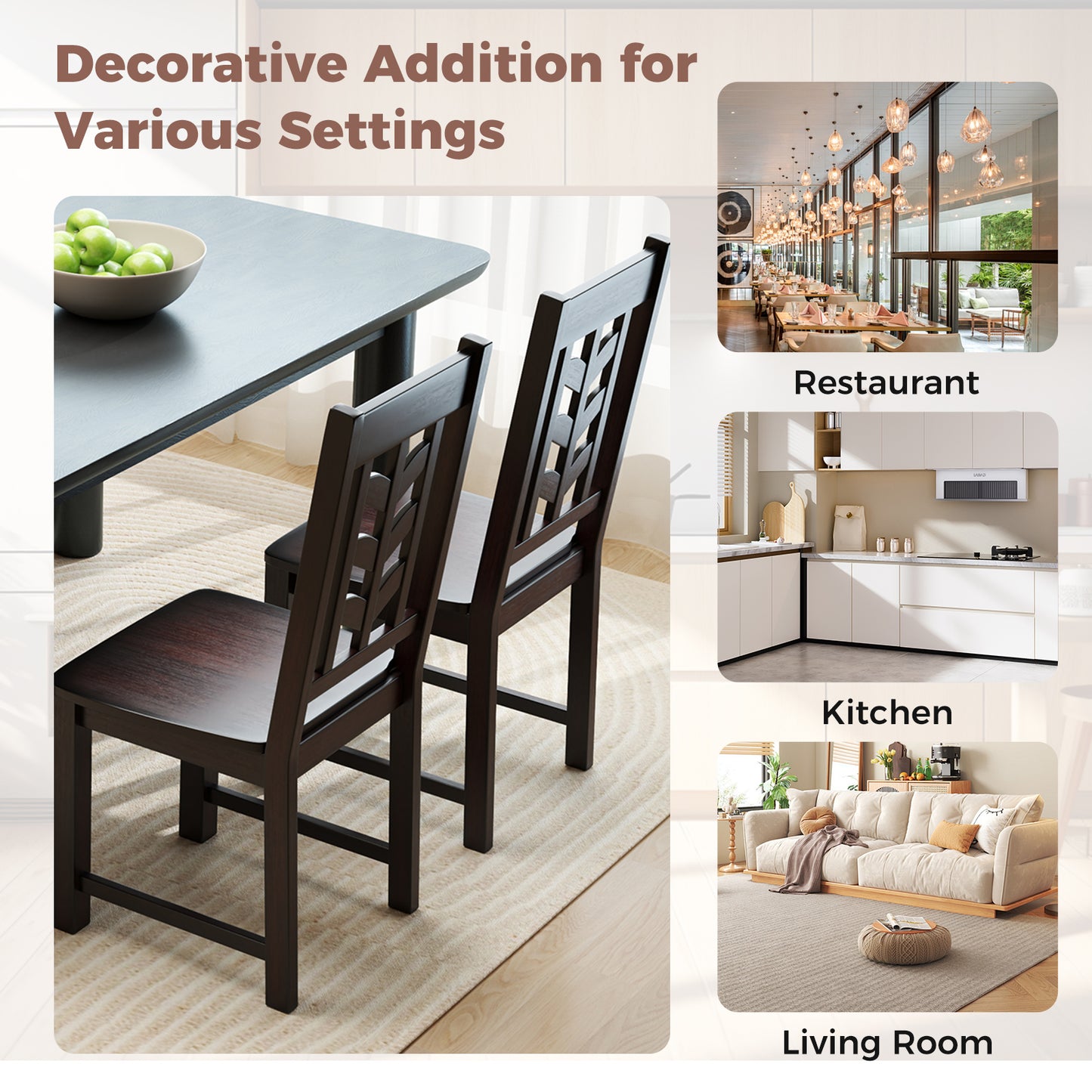 Wooden Dining Chairs with High Backrest and Rubber Wood Frame – Brown, Set of 2