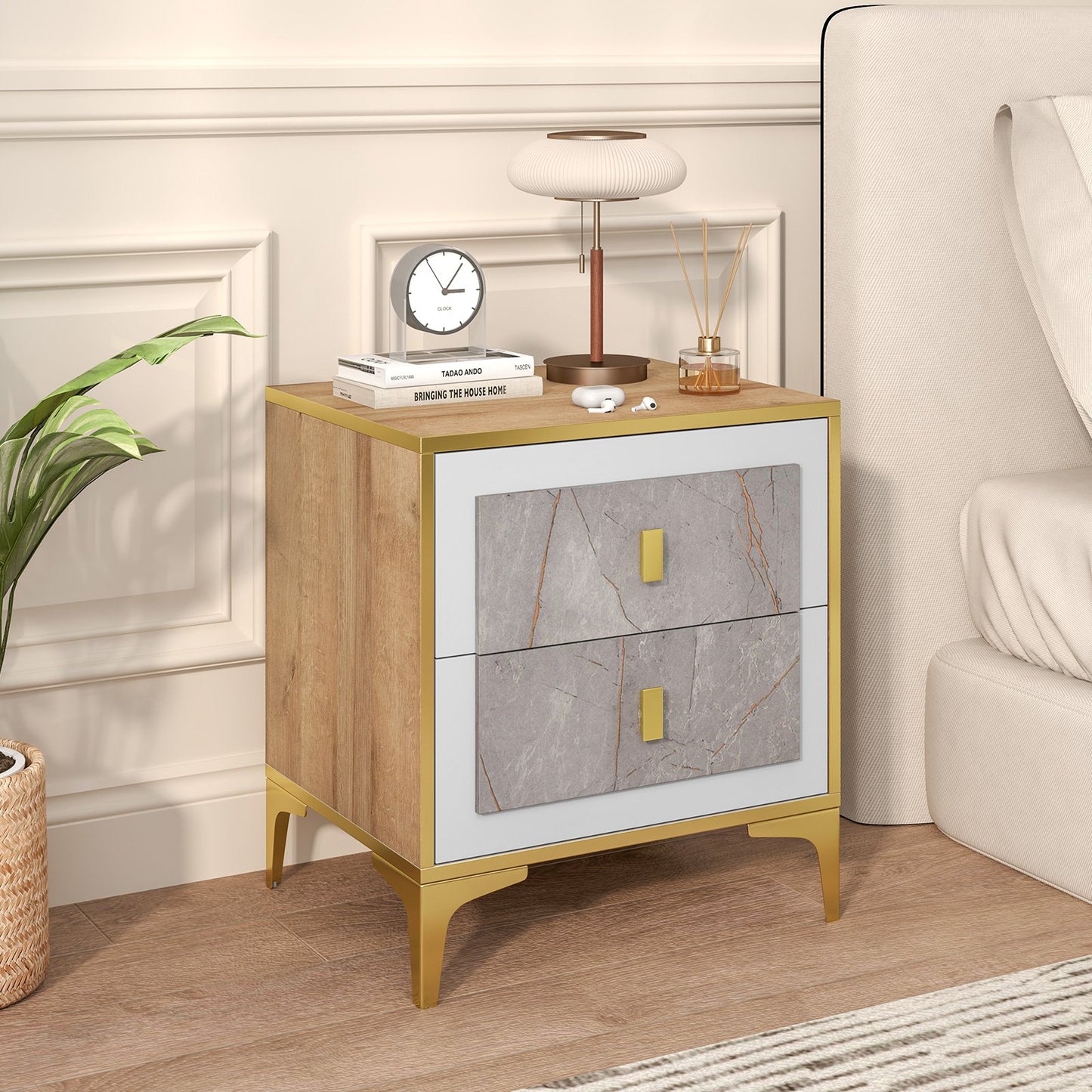 Modern Nightstand with 2 Pull-Out Drawers for Bedroom or Living Room Storage