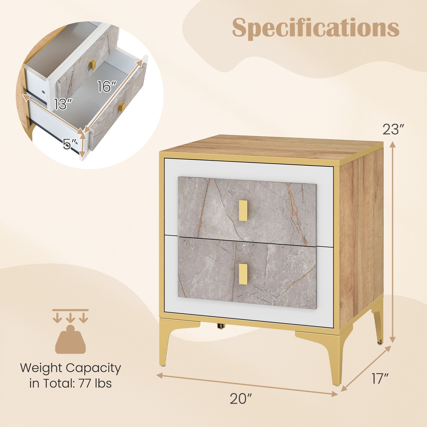 Modern Nightstand with 2 Pull-Out Drawers for Bedroom or Living Room Storage