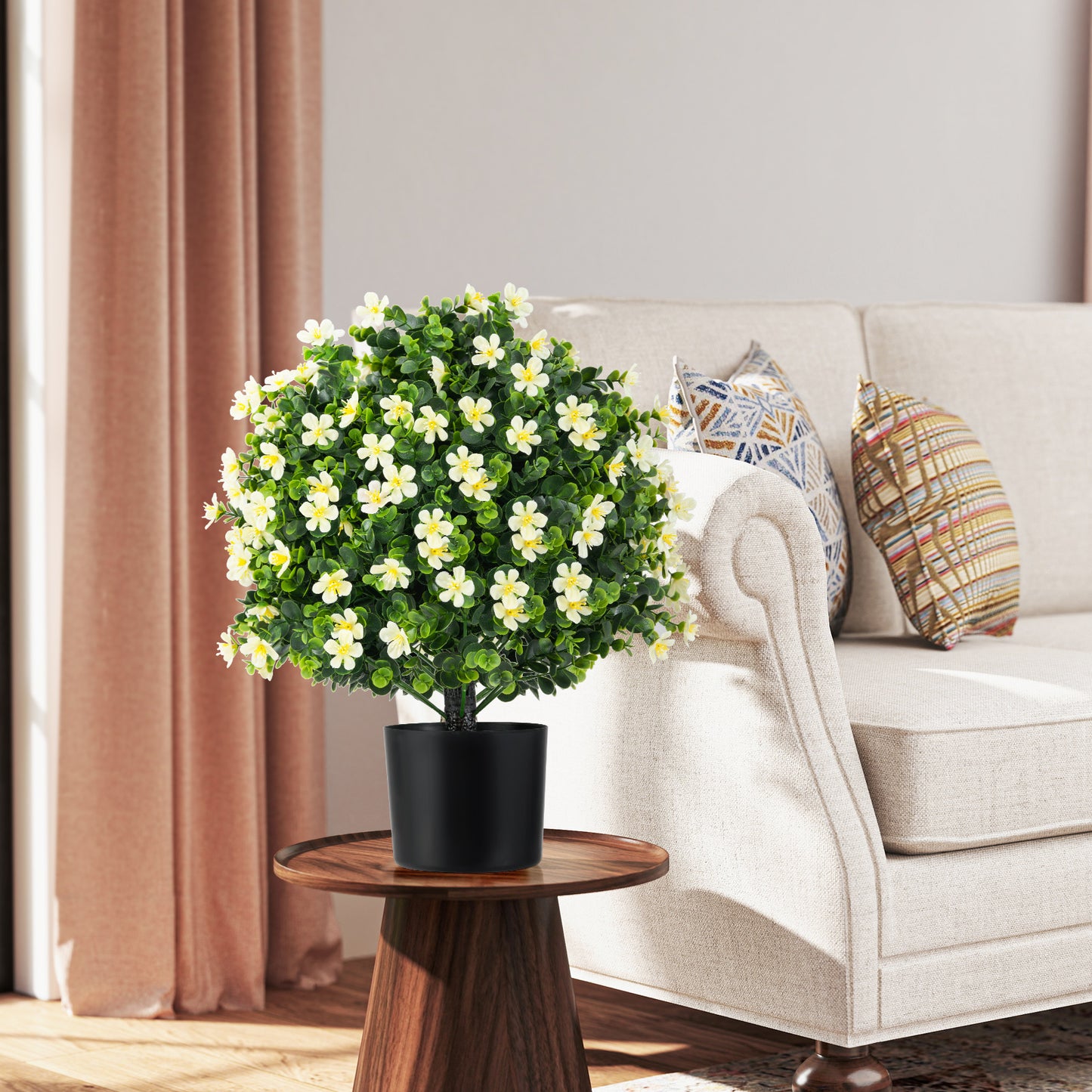 Set of 2 Artificial Boxwood Topiary Ball Trees with Vibrant Flowers – Faux Shrubs for Indoor & Outdoor Décor