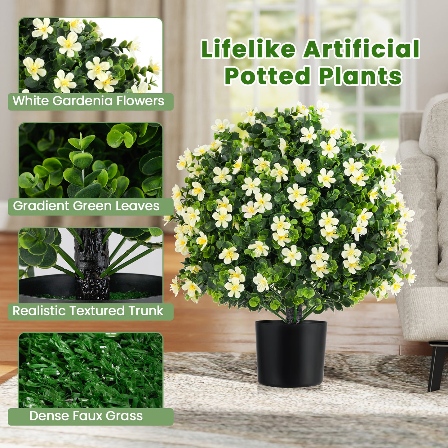 Set of 2 Artificial Boxwood Topiary Ball Trees with Vibrant Flowers – Faux Shrubs for Indoor & Outdoor Décor