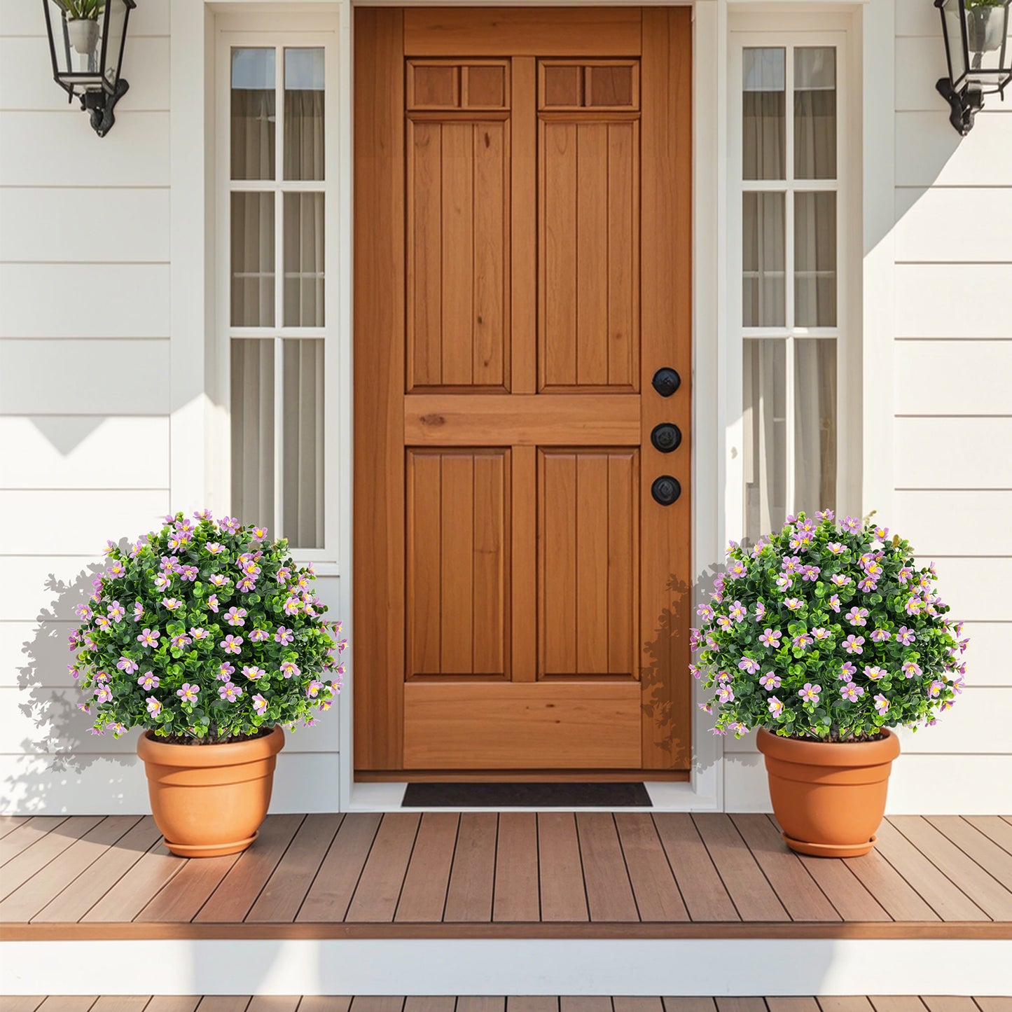 Set of 2 Artificial Boxwood Topiary Ball Trees with Vibrant Flowers – Faux Shrubs for Indoor & Outdoor Décor