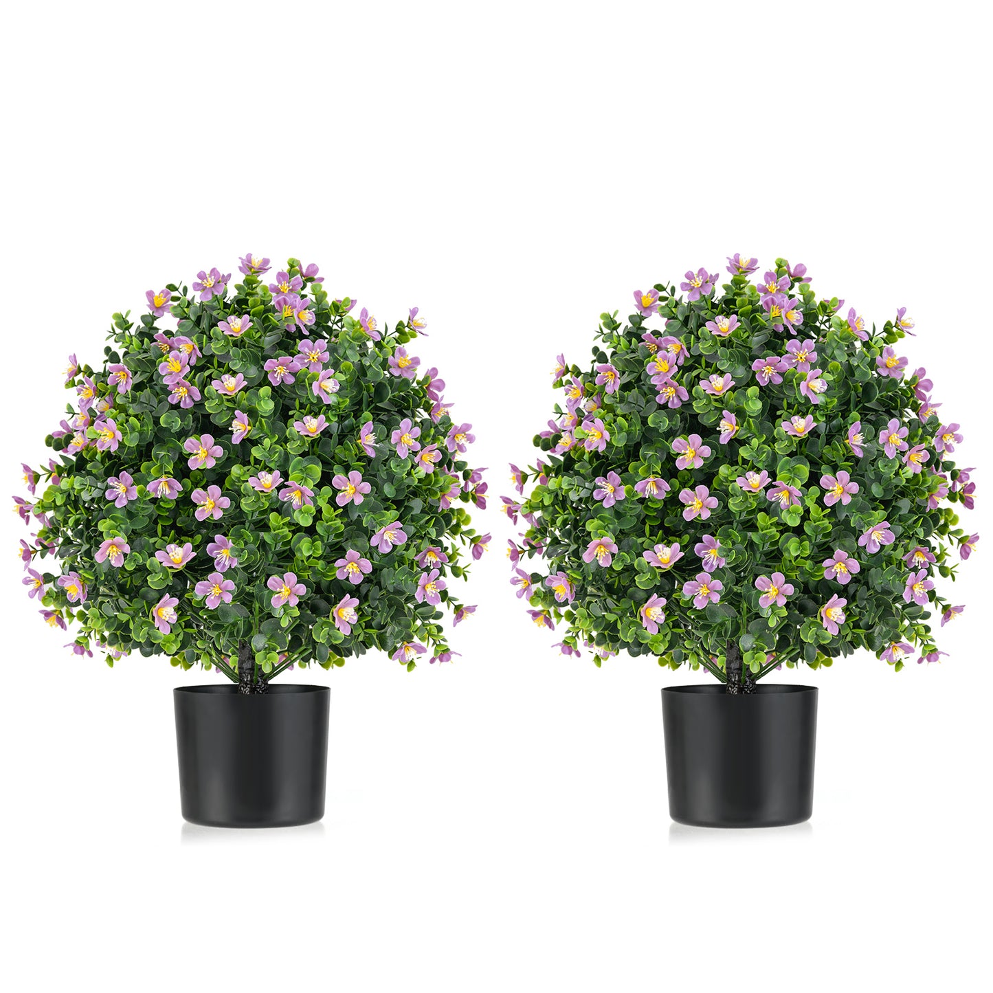 Set of 2 Artificial Boxwood Topiary Ball Trees with Vibrant Flowers – Faux Shrubs for Indoor & Outdoor Décor