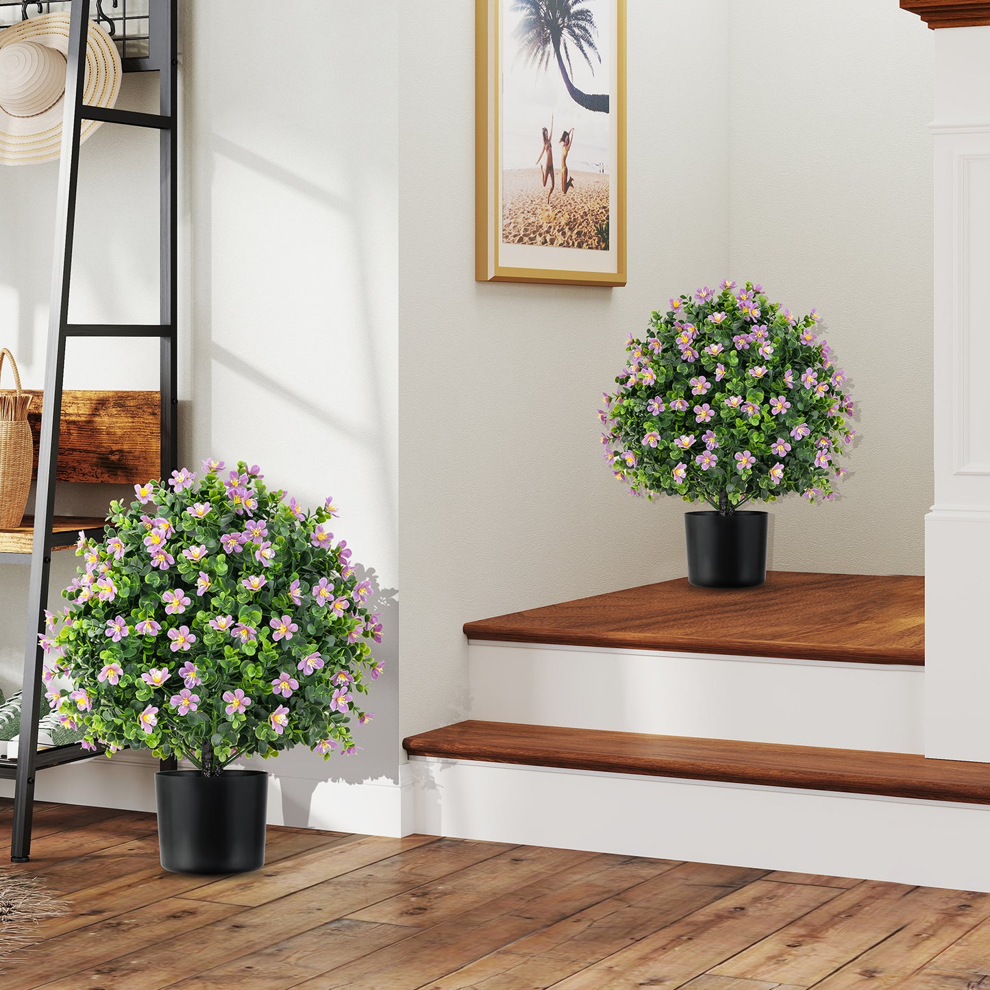 Set of 2 Artificial Boxwood Topiary Ball Trees with Vibrant Flowers – Faux Shrubs for Indoor & Outdoor Décor
